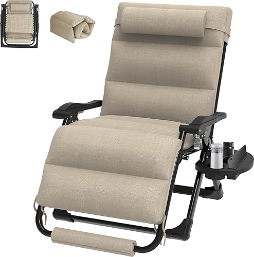 Suteck Silla de campamento reclinable XL de gravedad cero de gran tamaño con cojín lavable, sillas de salón para exteriores, sillón reclinable para