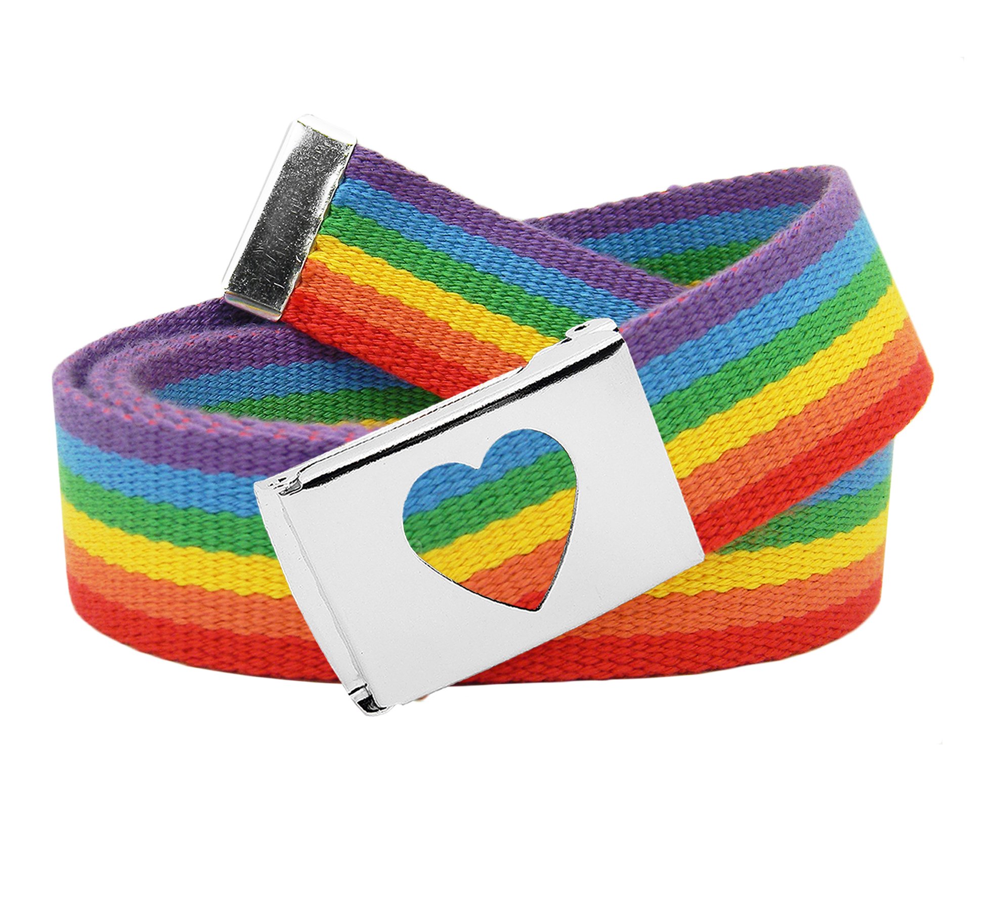 Unisex Rainbow Military Style Adjustable Cut to Fit Belt with Silver Heart Flip Buckle