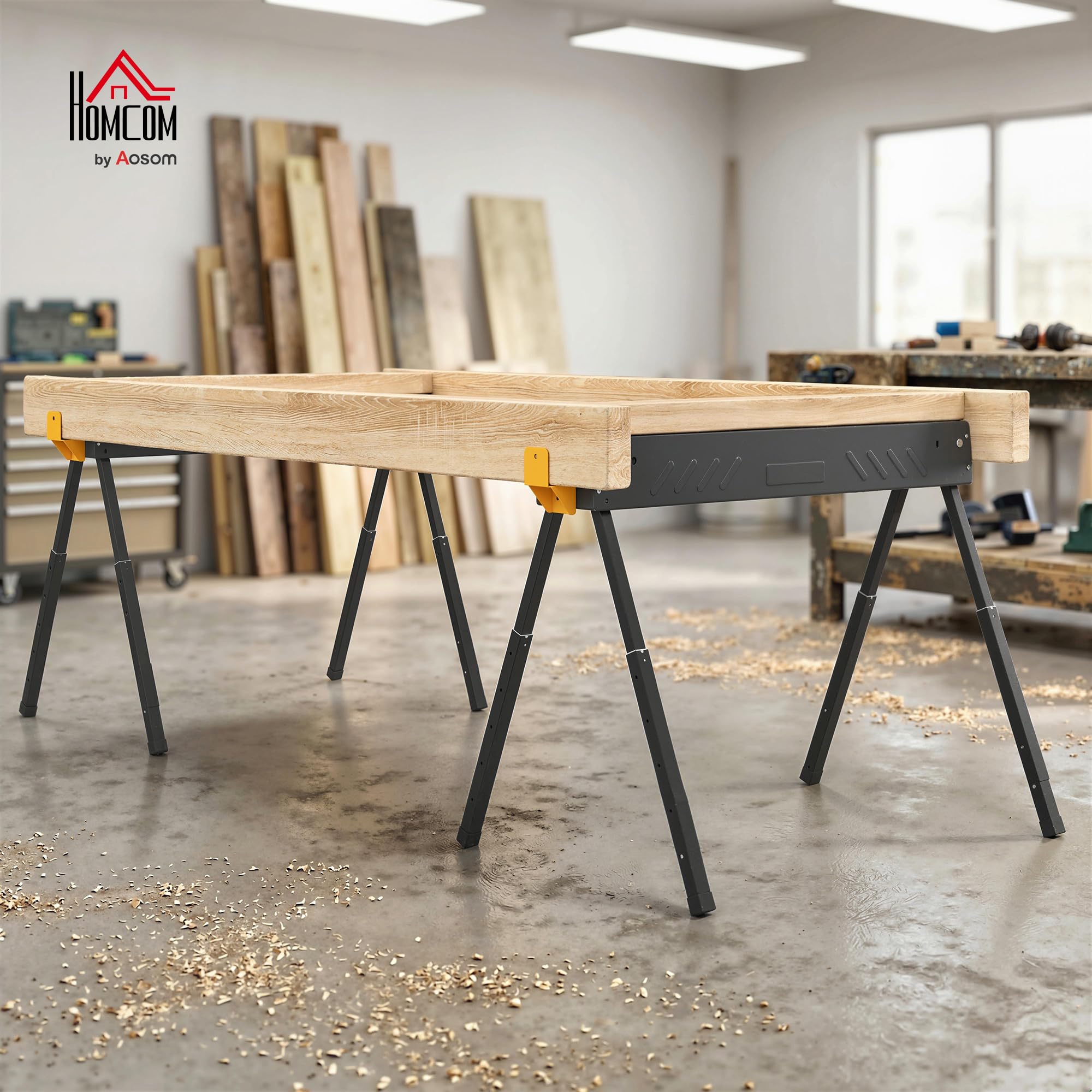 HOMCOM Set de 2 Caballetes para Sierra Plegables, Banco de Trabajo, Altura Ajustable, para Madera 2x4, con Asa, Ganchos, Base Antideslizante, para Carpintería y Bricolaje, Soporta hasta 500 kg, Negro