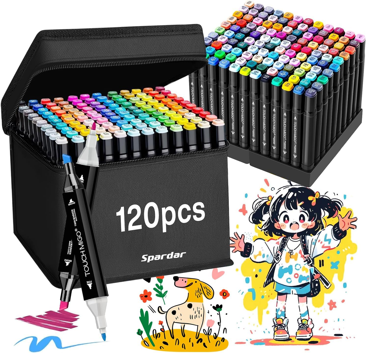 120 Colors Alcohol Art Markers Set,Dual Tip Drawing Markers With Stand Base,No Ink Bleed,Bright & Long-lasting Color,Perfect for Drawing,Painting,Sketching, Enthusiasts and Beginner (Fine & Chisel)