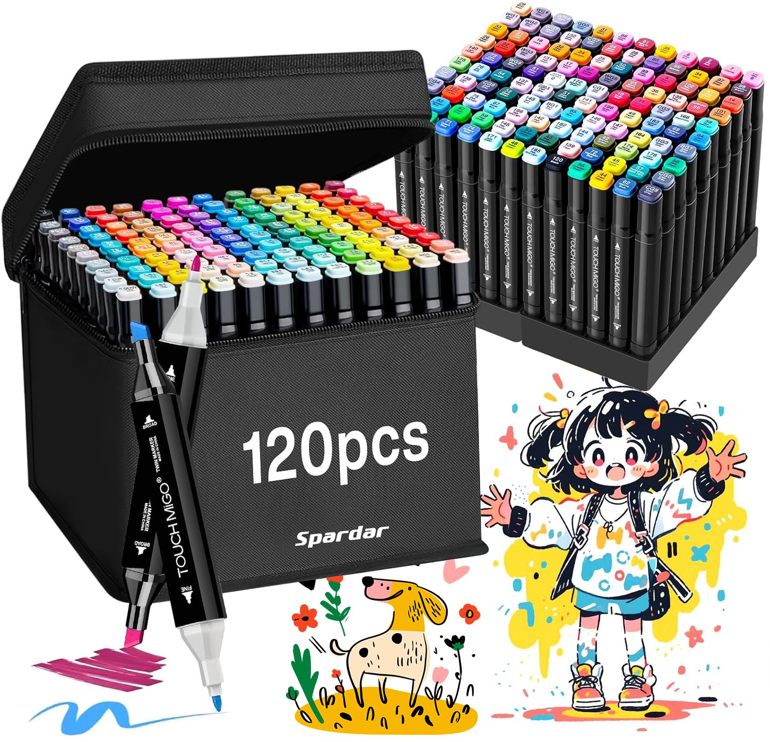 Spardar Markers 120 Colors with Base, Marker Pens Double Tip Drawing for Beginners, Students, Artists, Amateurs, Comics Albums, Coloring
