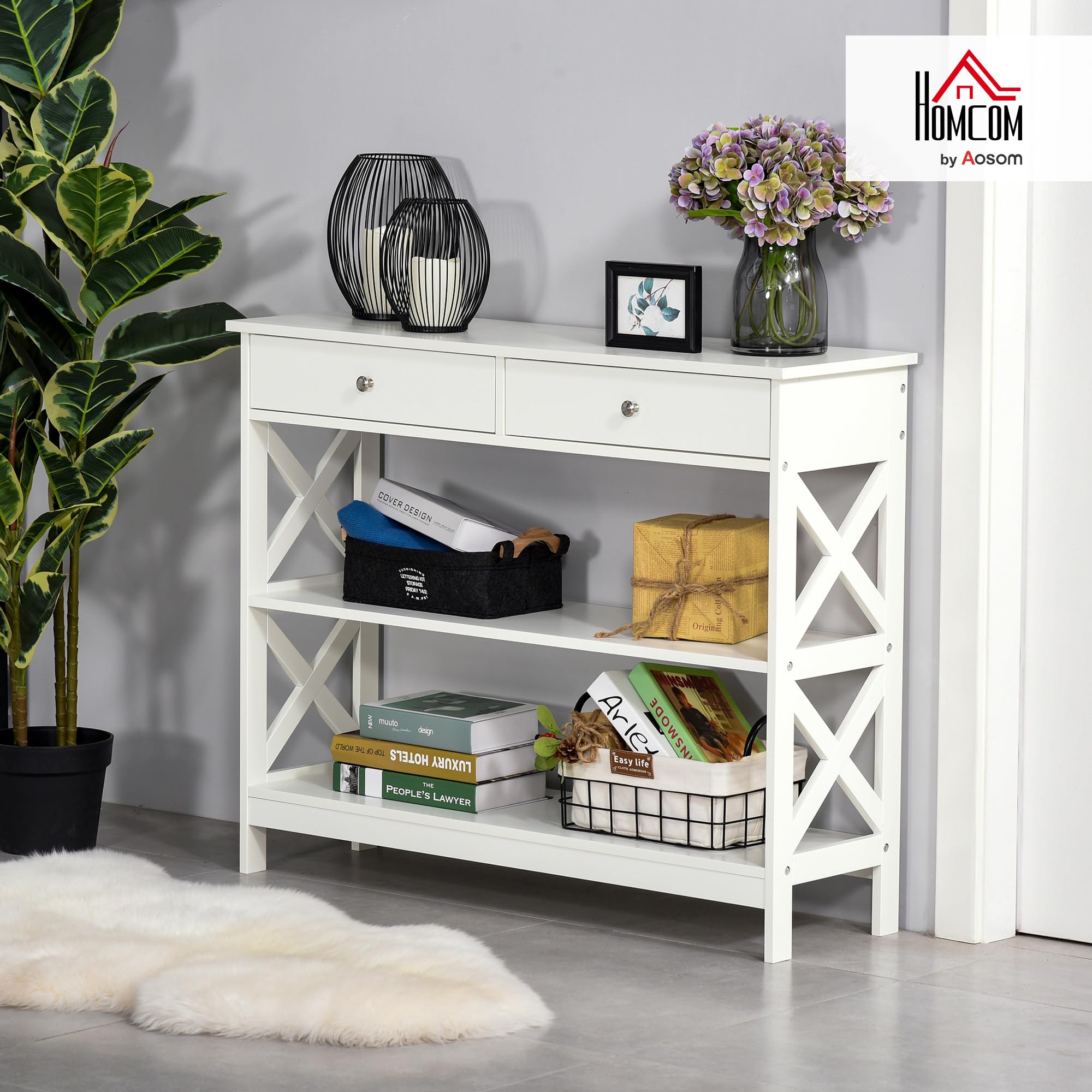 HOMCOM Table de Console Néo-Rétro 2 Tiroirs 100L x 30.5l x 80H cm Blanc