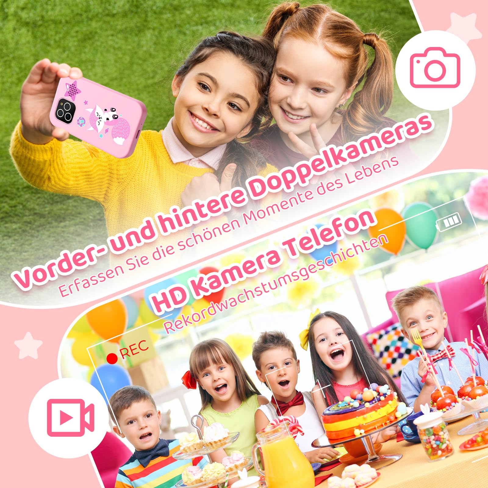 4G Kinderhandy Spielzeug mit Dual Kamera Kinderkamera 2.8 Inch Touchscreen Kindertelefon Lerntelefon Lernspielzeug Jungen Mädchen 3 4 5 6 7 8 9 Jahre Geburtstags Geschenke Fuchs Rosa
