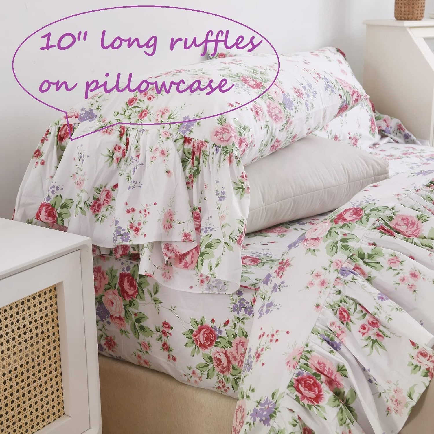 Queen's House Ruffle Floral Bed Sheet Sets 4-Piece Romantic Roses Printed Shabby Vintage Chic Bedding Sheets Girls Deep Pocket Set King Size-Style L