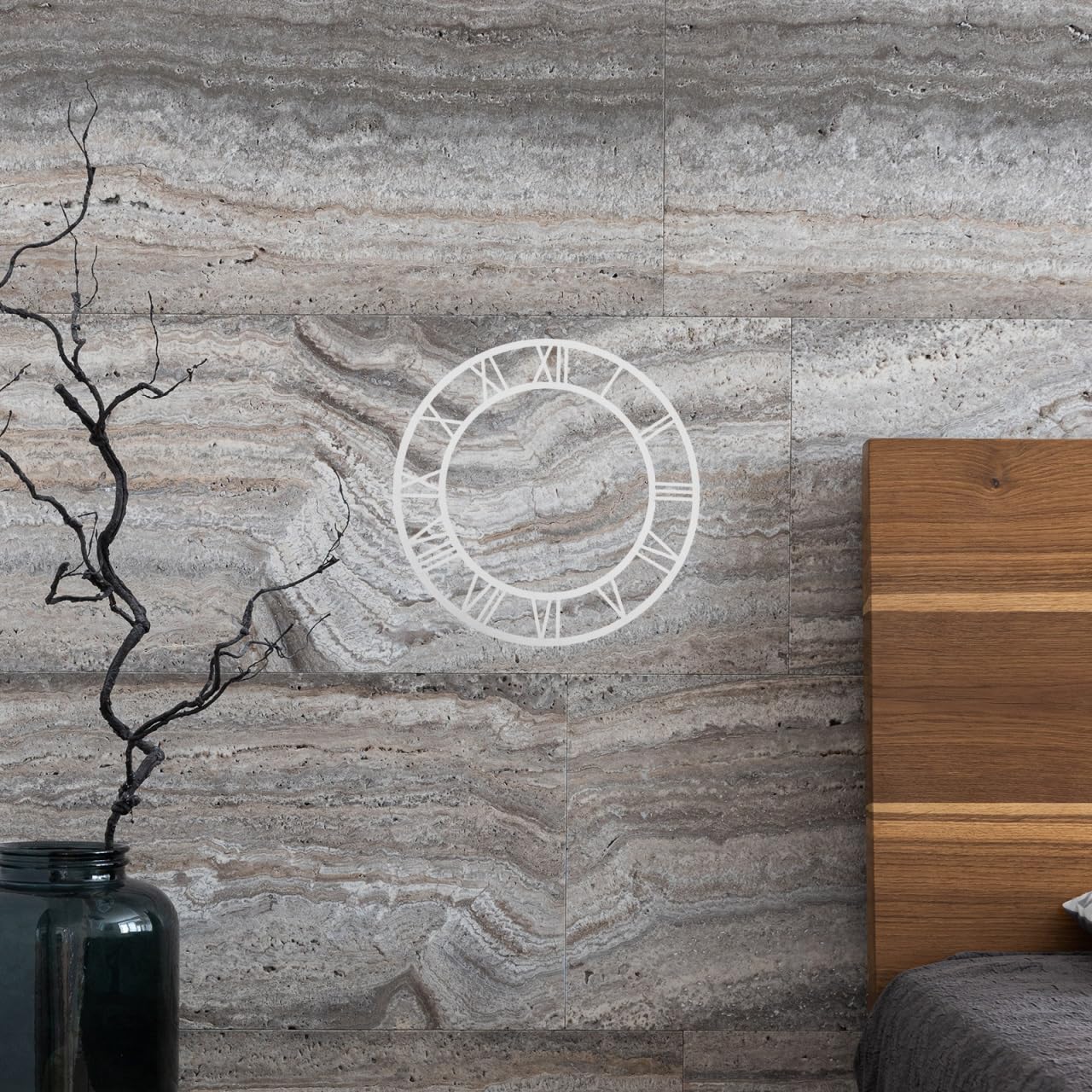 VALICLUD Horloge murale acrylique cadran rond 25,4 cm argent chiffres romains bricolage horloge murale autocollant pour salon hôtel entrée décoration