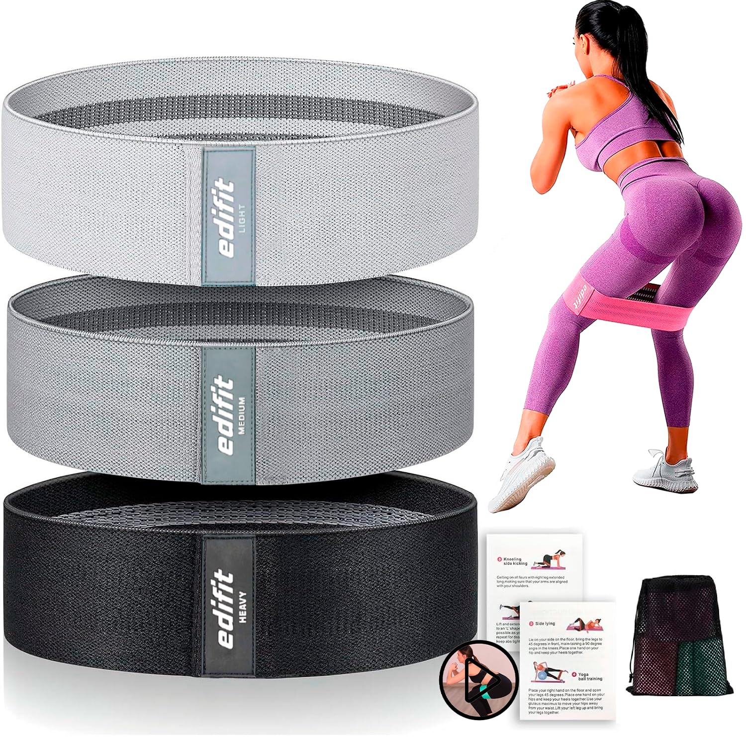 Edifit, Taśmy oporowe, elastyczne taśmy z 3 poziomami oporu, do ćwiczeń, antypoślizgowe, gumowe, 3 sztuki, do siłowni, jogi, crossfitu, pilatesu lub treningu domowego