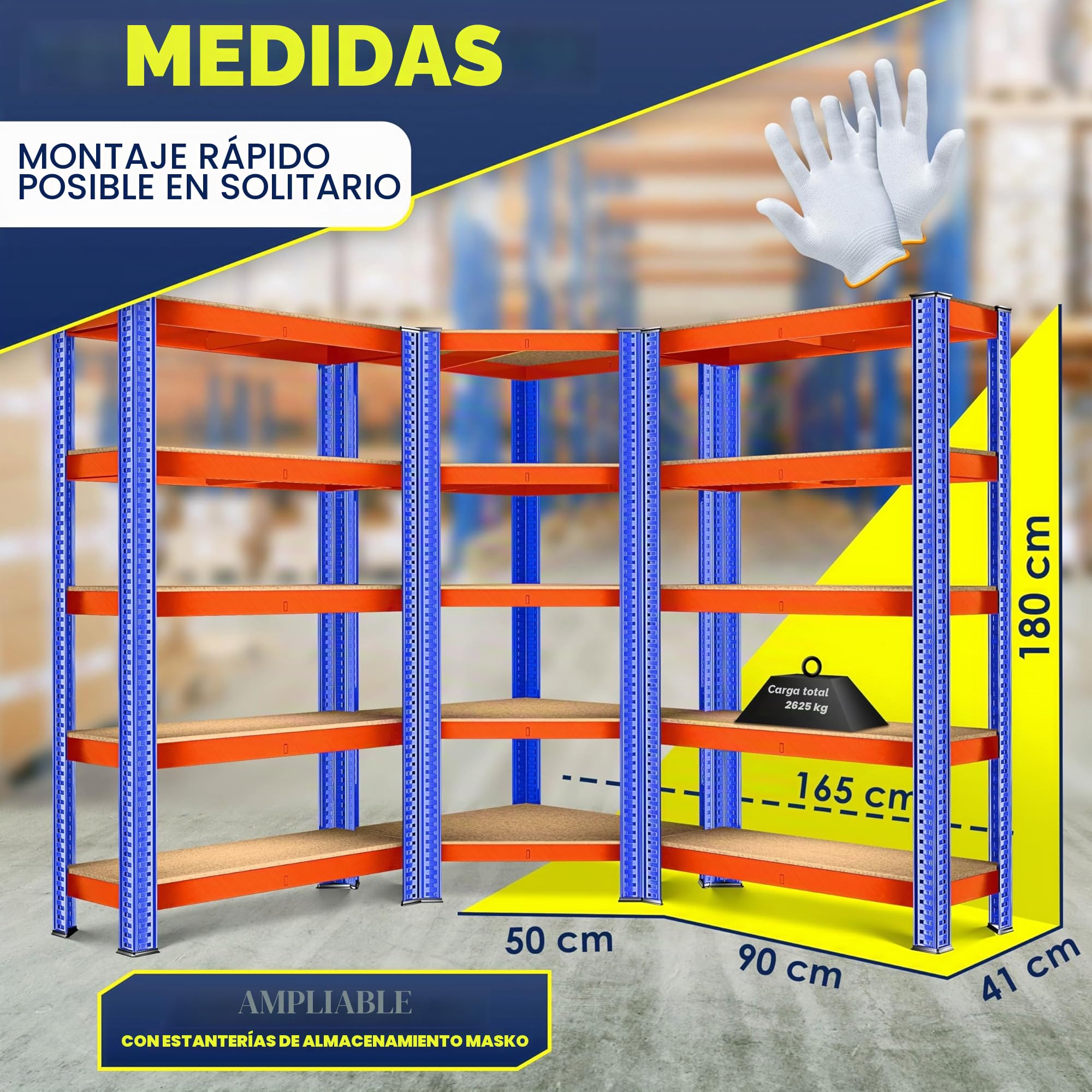 Masko Juego de 3 estanterías de Metal, 1 estantería esquinera y 2 estantes de Almacenamiento, 15 estantes, Tablero de Fibra de Densidad Media, 2625 kg, estantería para Taller, sótano, Garaje