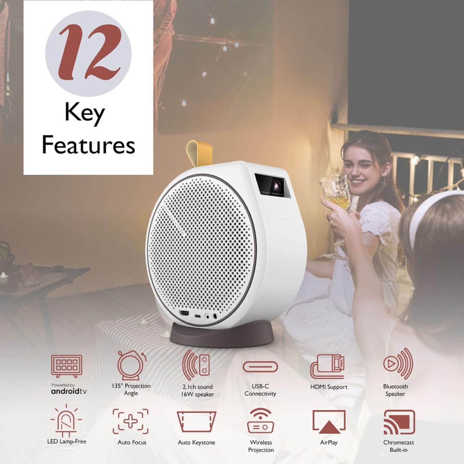 Graphic illustrating 12 key features of the BenQ GV30 projector, including Android TV, 135-degree projection, 2.1 channel sound, USB-C, HDMI, Bluetooth, LED lamp-free, auto focus, auto keystone, wireless projection, AirPlay, and Chromecast.