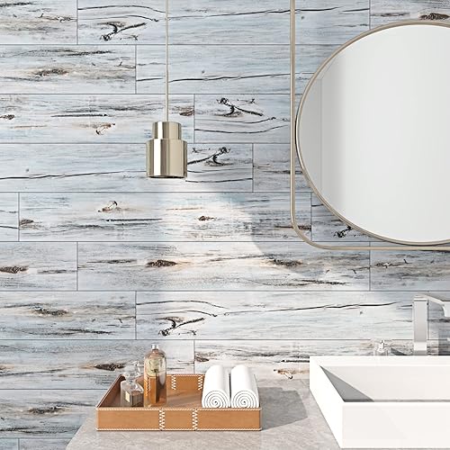 Miniatura 3 de FunStick 30 piezas de baldosas de vinilo de madera recuperada azul de 6 x 36 pulgadas, tablones de madera para despegar y pegar, azulejos adhesivos