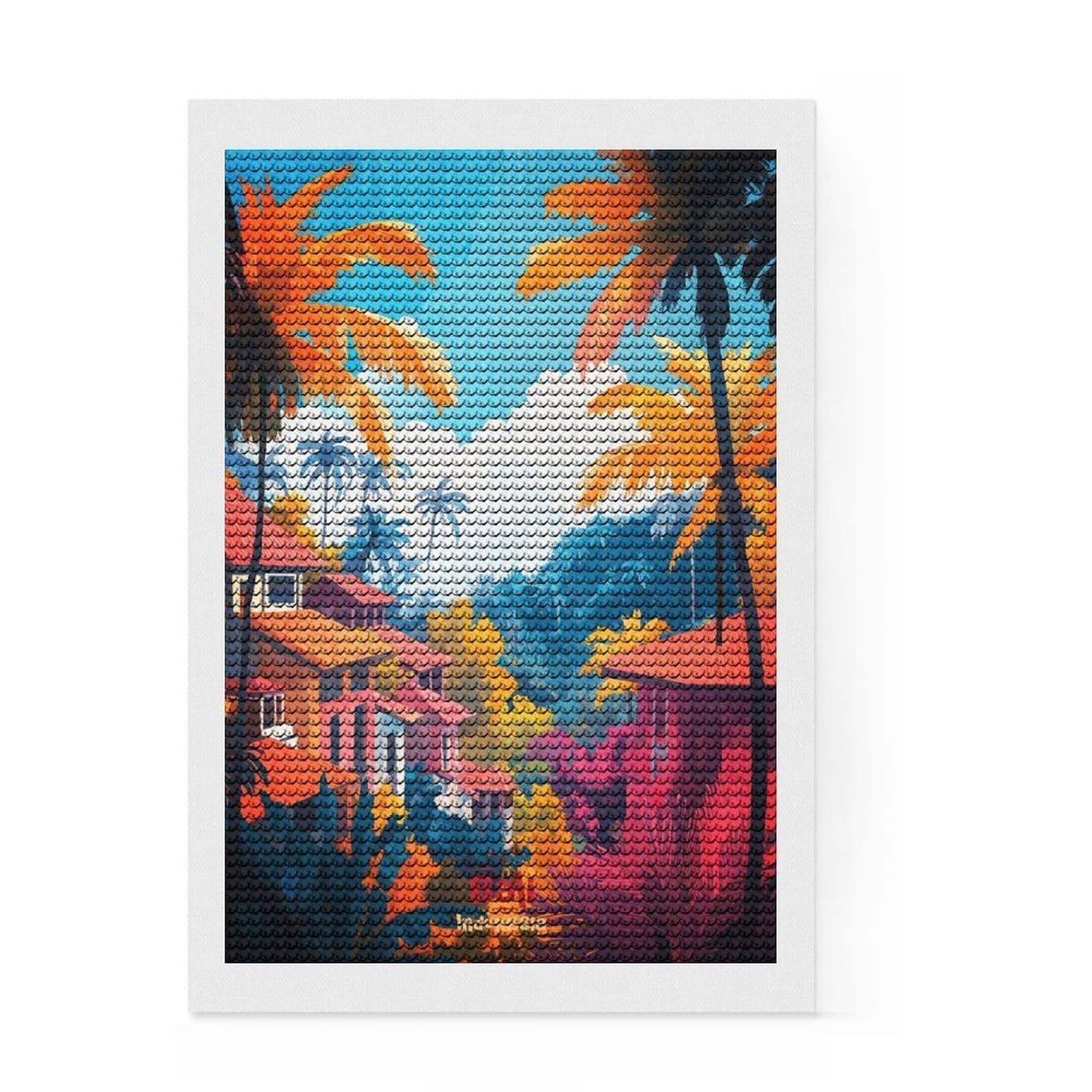 Junmoney Bali Art Full Drill Diamond Painting Kit 8"x12", Boho Decor, for Family Craft Time, Mindful Craft Activity, Gift Idea