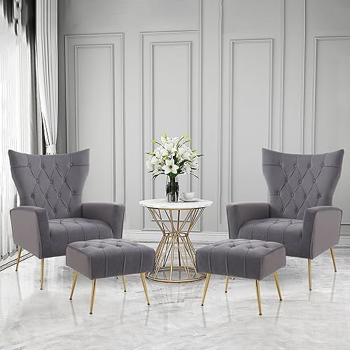 Miniatura 6 de Silla decorativa de terciopelo con otomana, silla tapizada con respaldo de ala, sillas decorativas modernas con patas de metal dorado para