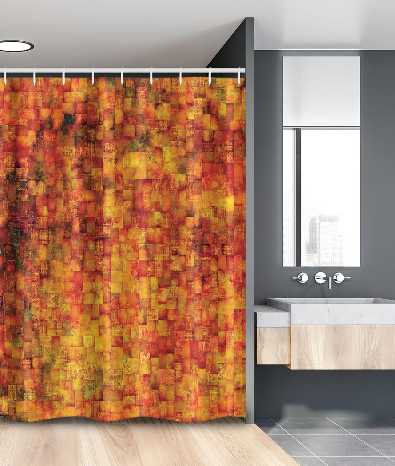 Ambesonne Burnt Orange Stall Shower Curtain, Vintage Mosaic Background Quadratic Little Geometric Squares Faded Print, Fabric Bathroom Decor Set with Hooks, 54" W x 78" L, Orange Mustard