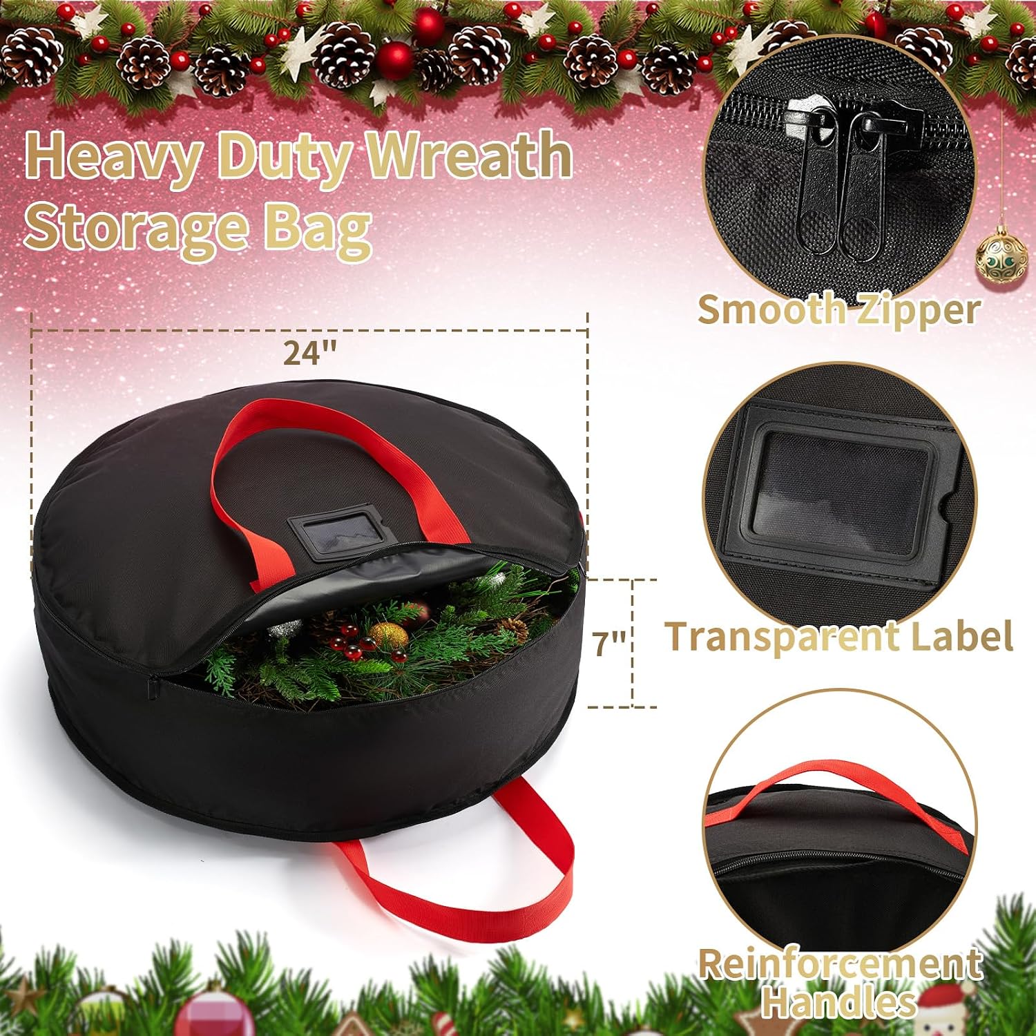 Wreath Storage Bag 24", Christmas Hanging Wreath Storage Container,Heavy-Duty Carrying Handles, Artificial Door Wreaths or Holiday Ornament Organziers,Black