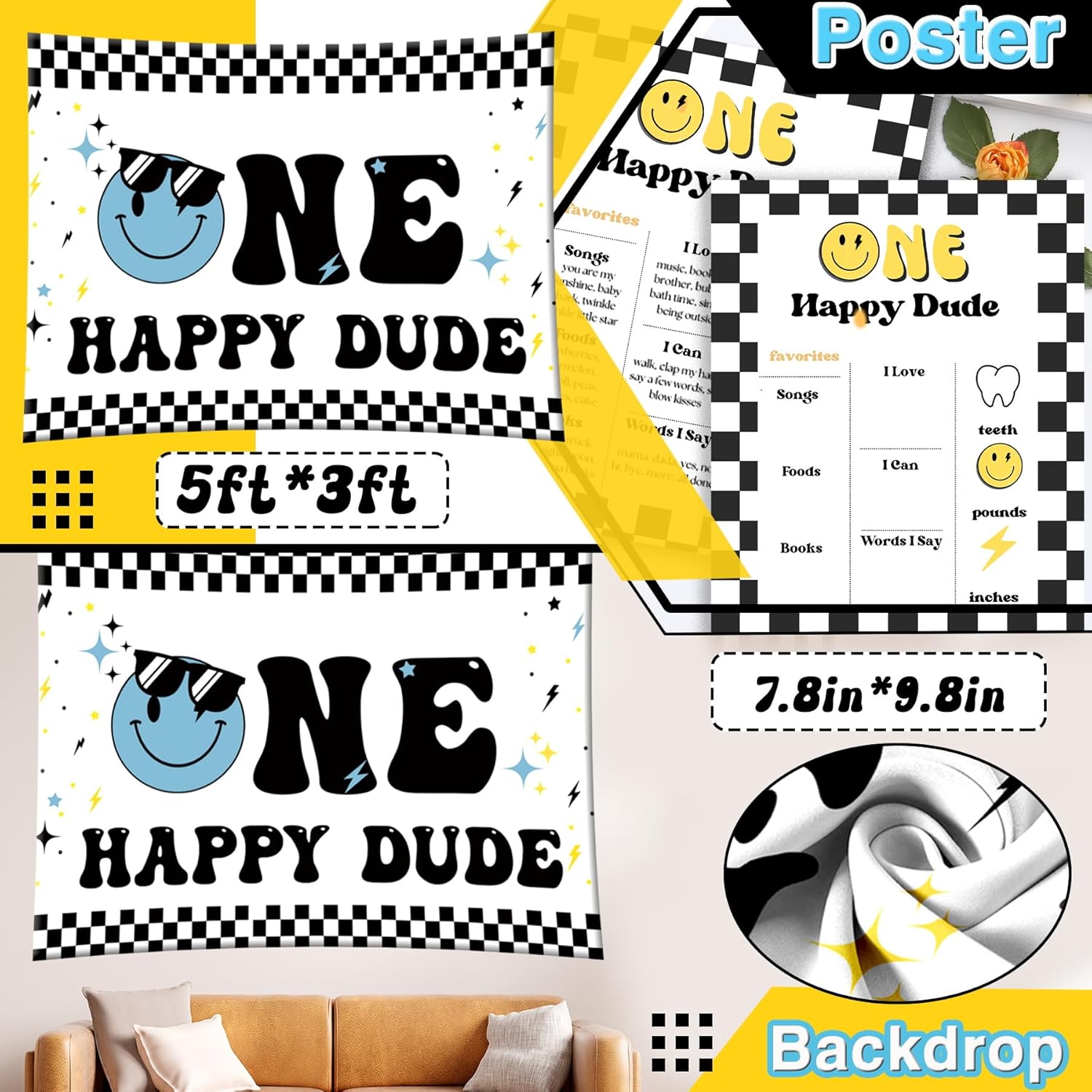 One Happy Dude Birthday Decorations, One Happy Dude 1st Birthday Decorations Blue, Backdrop Balloons Happy Birthday Banner Cake Topper Balloon Box for One Cool Dude 1st Birthday Decorations