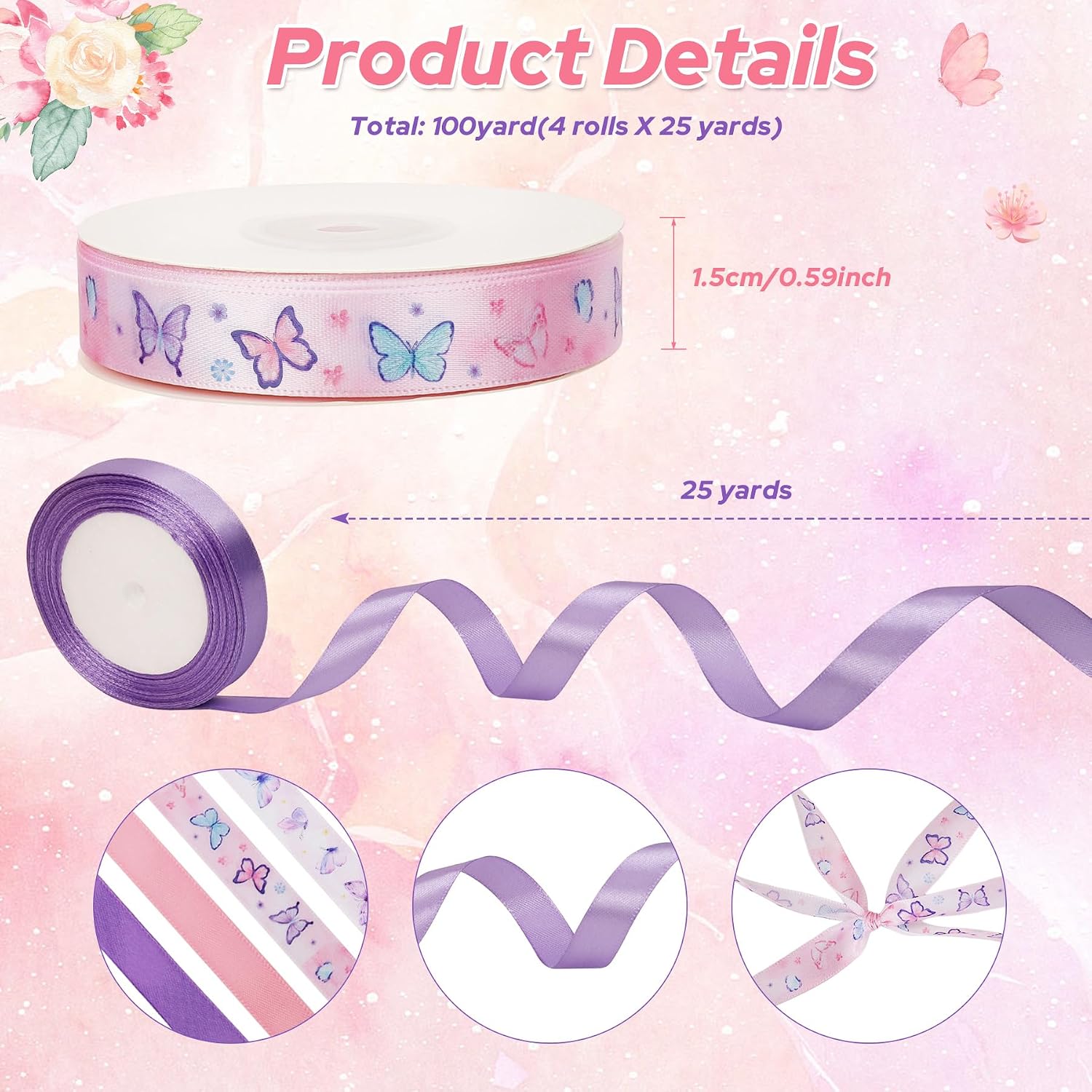 4 Roll Butterfly Stain Ribbon, 5/8" Fabric Ribbon for Craft Purple Butterfly Floral Theme Ribbon Gift Wrapping Wedding Birthday Party Decoration