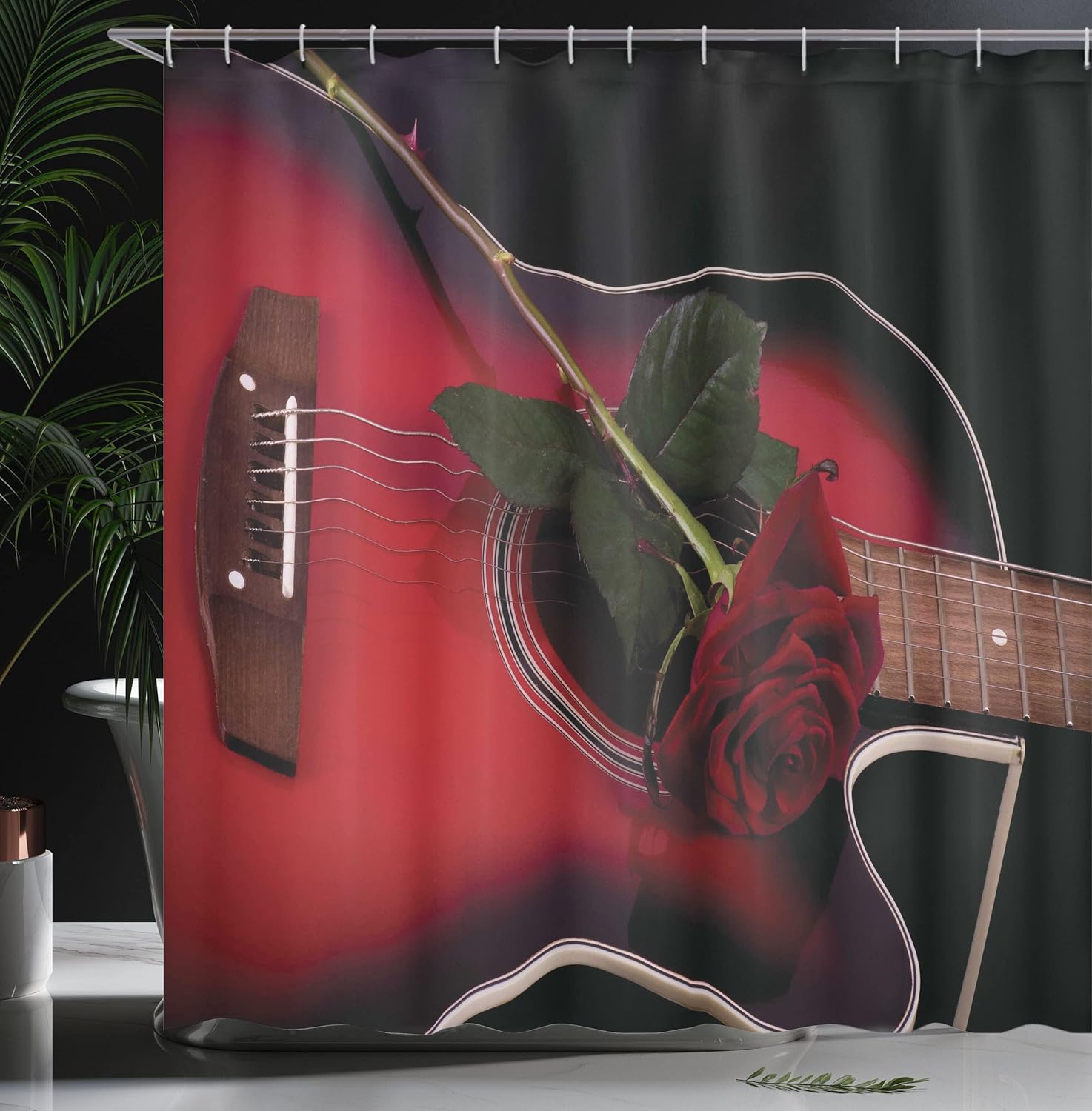Ambesonne Abstract Shower Curtain, Spanish Musician Portugal Hand Made Guitar with Romance Theme Love Rose, Cloth Fabric Bathroom Decor Set with Hooks, 69" W x 75" L, White Ruby