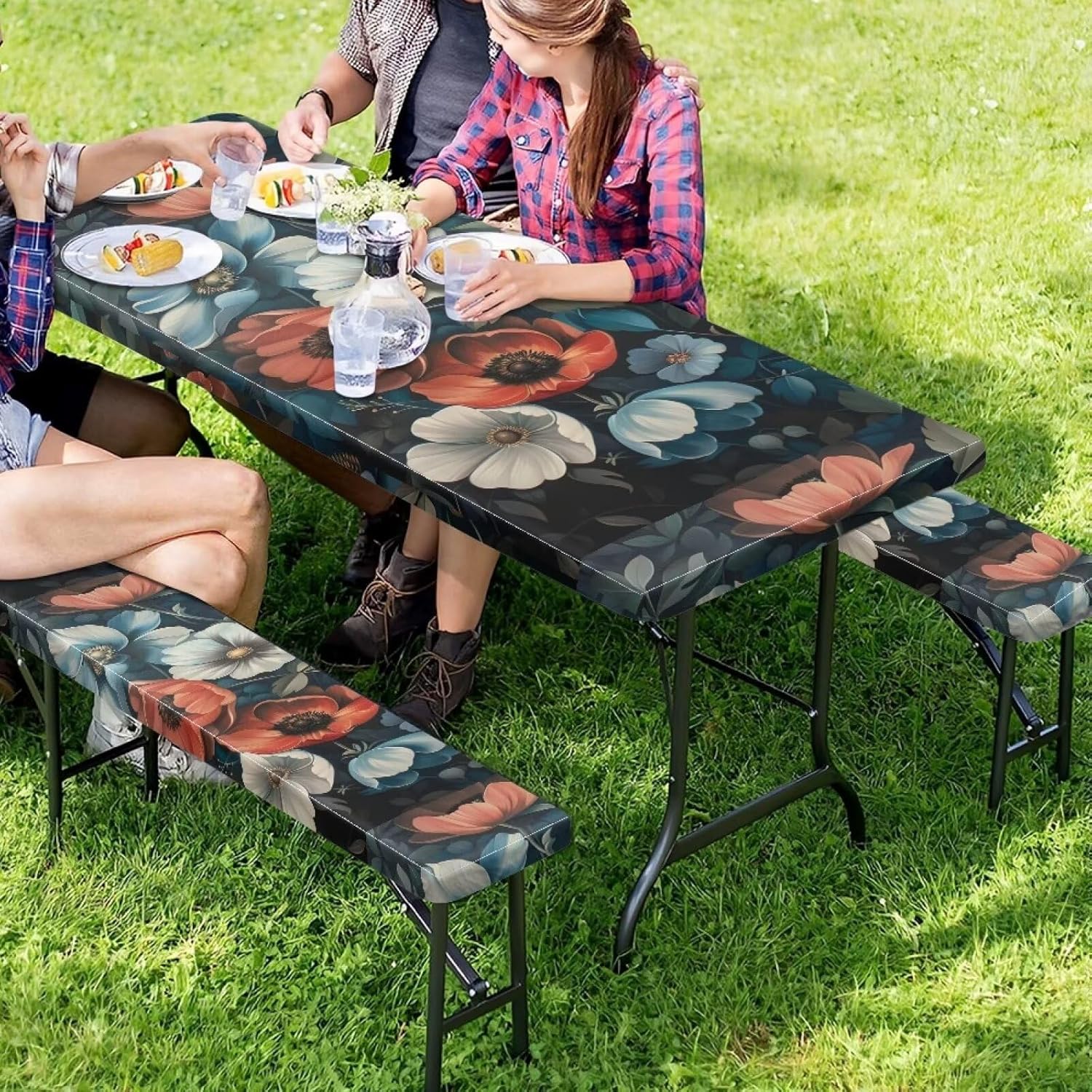 Flashideas Flower Print Picnic Table Cover with Bench Covers Set for Outdoor and Camping Camping Essentials Accessories with Elastic RV Camping Accessories and Camper Must Haves 94in