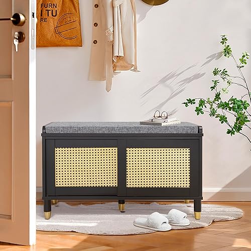 ANBUY Banco de almacenamiento de zapatos blanco con cajones, banco de entrada, armario de madera con armario de puerta, estante ajustable y asas