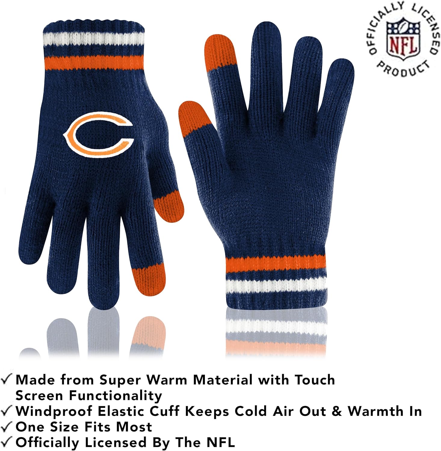 Ultra Game Adults NFL Official Super Soft Team Stripe Winter Beanie Knit Hat with Extra Warm Touch Screen Gloves