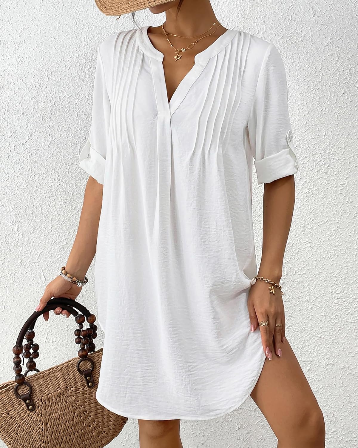Bsubseach Women's Swimsuit Cover Up V-Neck Bathing Suit Coverups Causal Summer Short Sleeve Beach Dress Shirt - Image 5