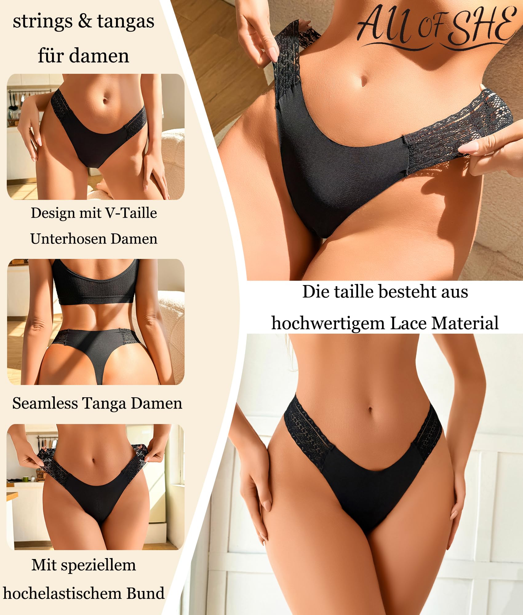 ALL OF SHE 6er Pack String Tanga Damen Nahtlose Unterwäsche Frauen Sexy Unterhosen Damen Spitze Seamless V-Waist Dessous Thong Mehrpack S-XL
