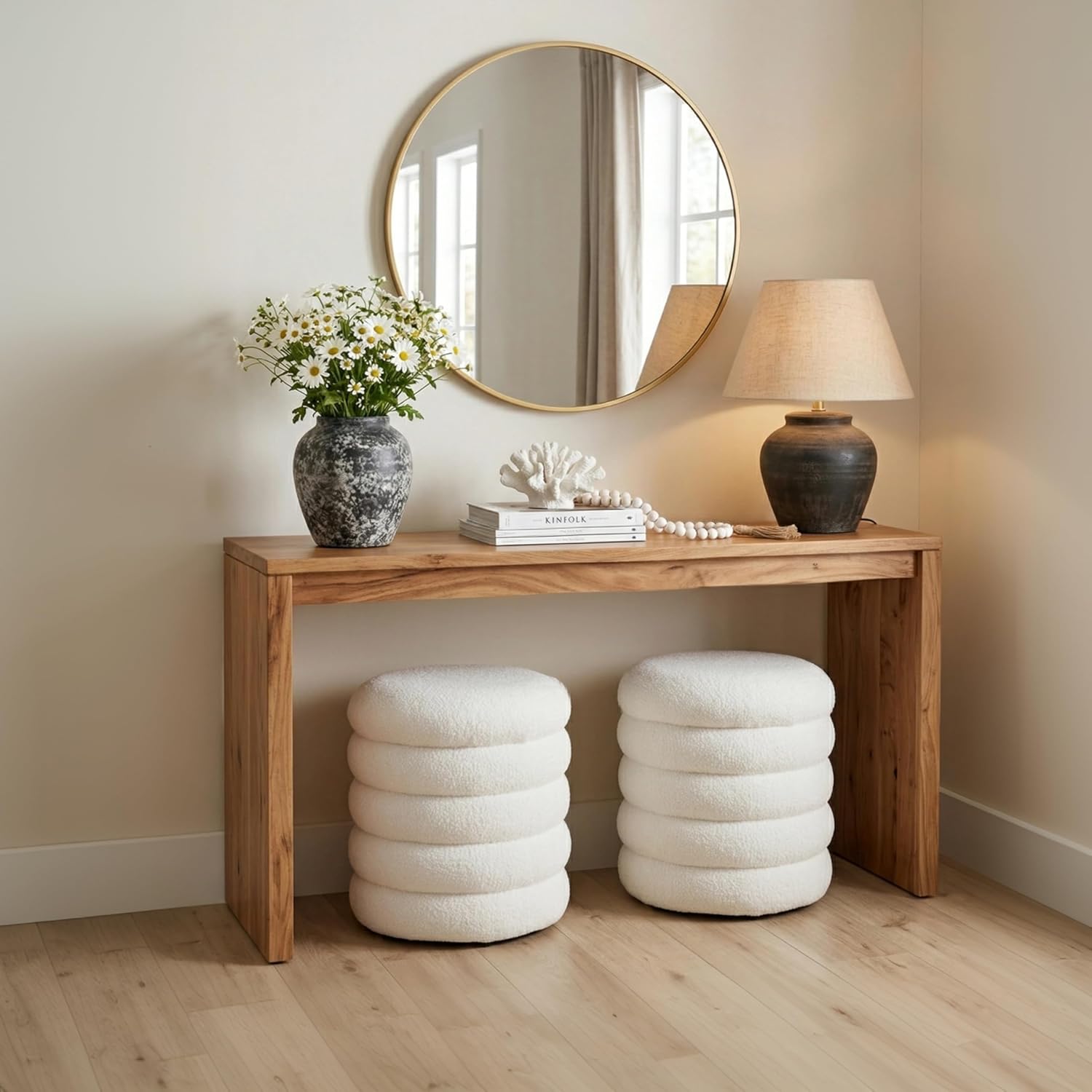 Kmax Storage Ottoman Modern Round Upholstered Faux Fur Pouf Ottoman for Living Room, Bedroom, Coffee Table, White