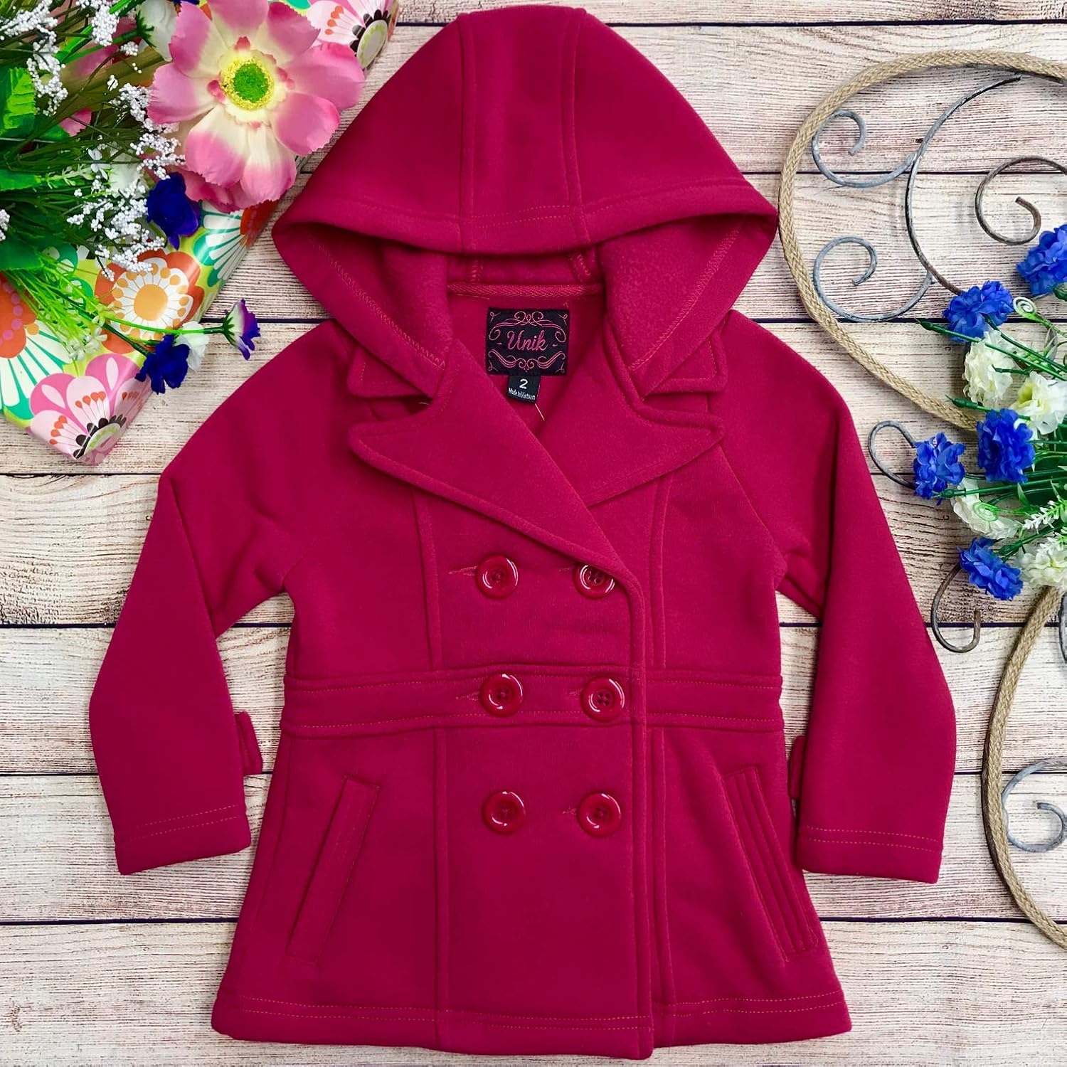 unik Girls' Fleece Coat with Hood Black Red Navy Fuchsia Grey