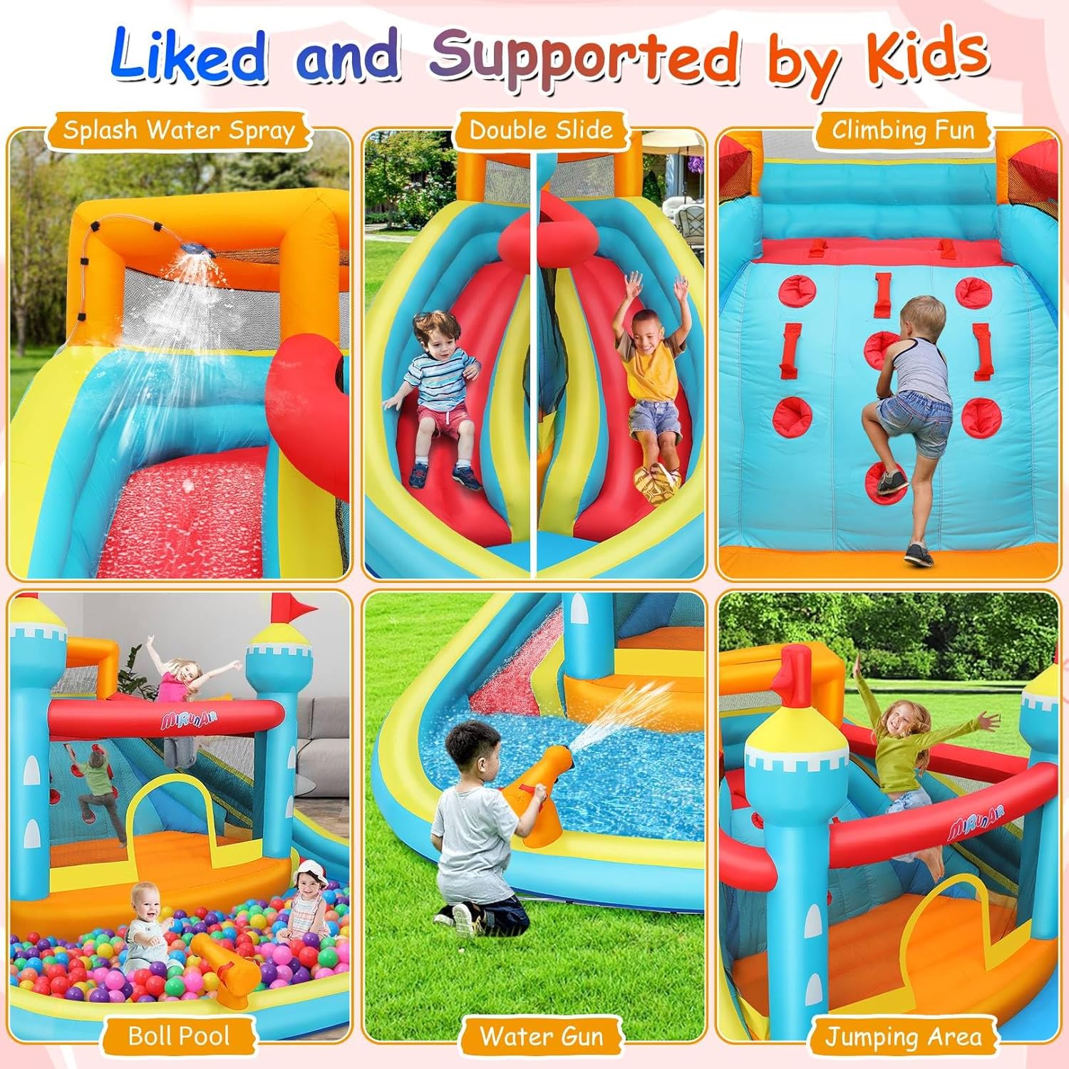 WHUBEFY Bounce House, Double Water Slide Bounce House with Blower for Big Kids 3-12, Inflatable Bounce Castle Outdoor/Indoor Water Slide for Backyard Party with Climbing Wall&Two Slides&Splash Pool
