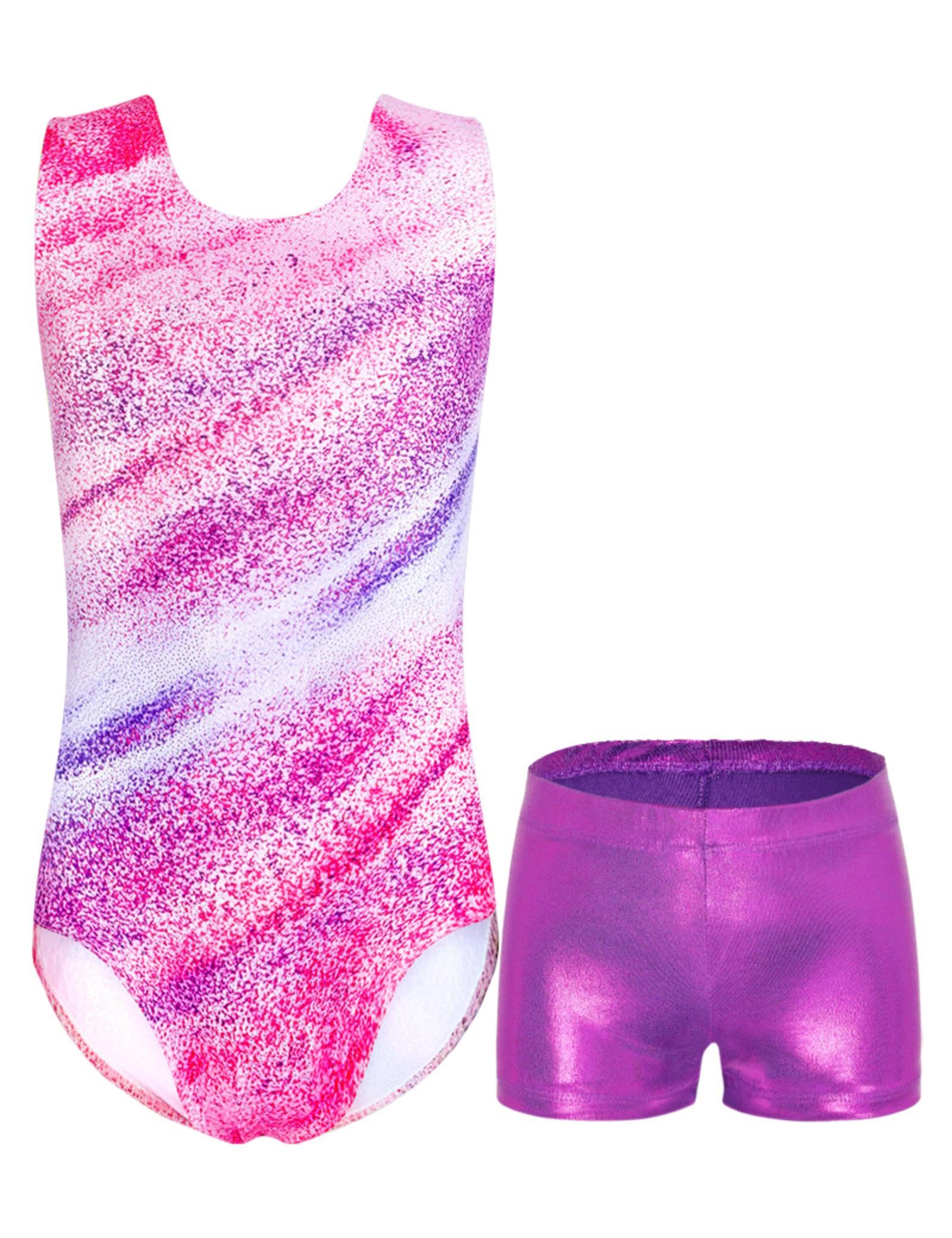 DomusgoGirls Gymnastics Leotards Set One Piece Sleeveless Tumbling Outfits with Matching Shorts