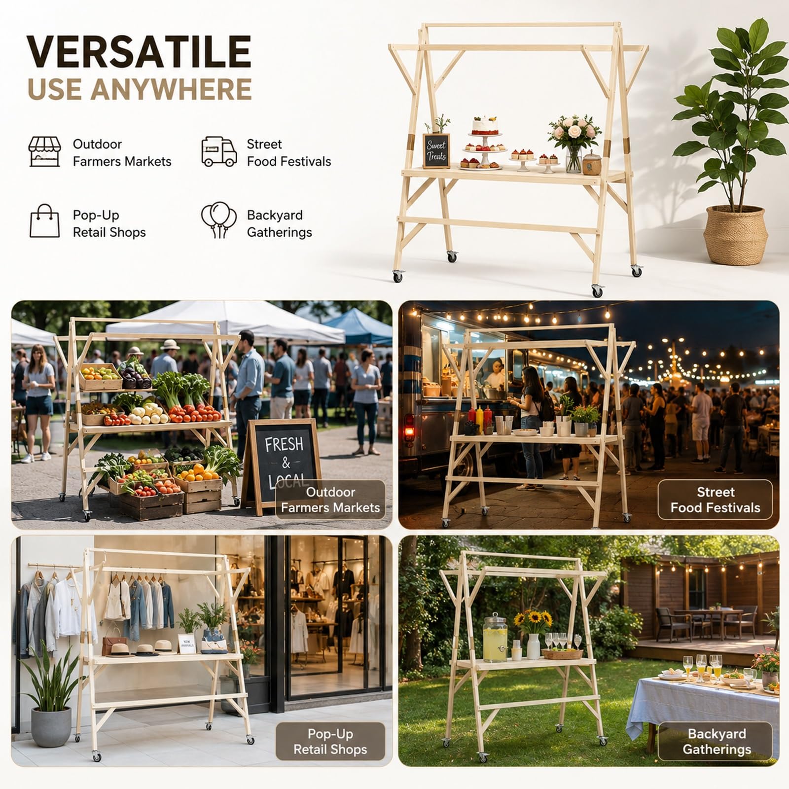 Banco da Mercato Portatile, Carrello Pieghevole per Venditori Ambulanti con Tettuccio e Ruote, per Strade, Eventi, Mercati Agricoli e Fiere Artigianali, Portata 440 Lbs(Yellow,59in/150cm)