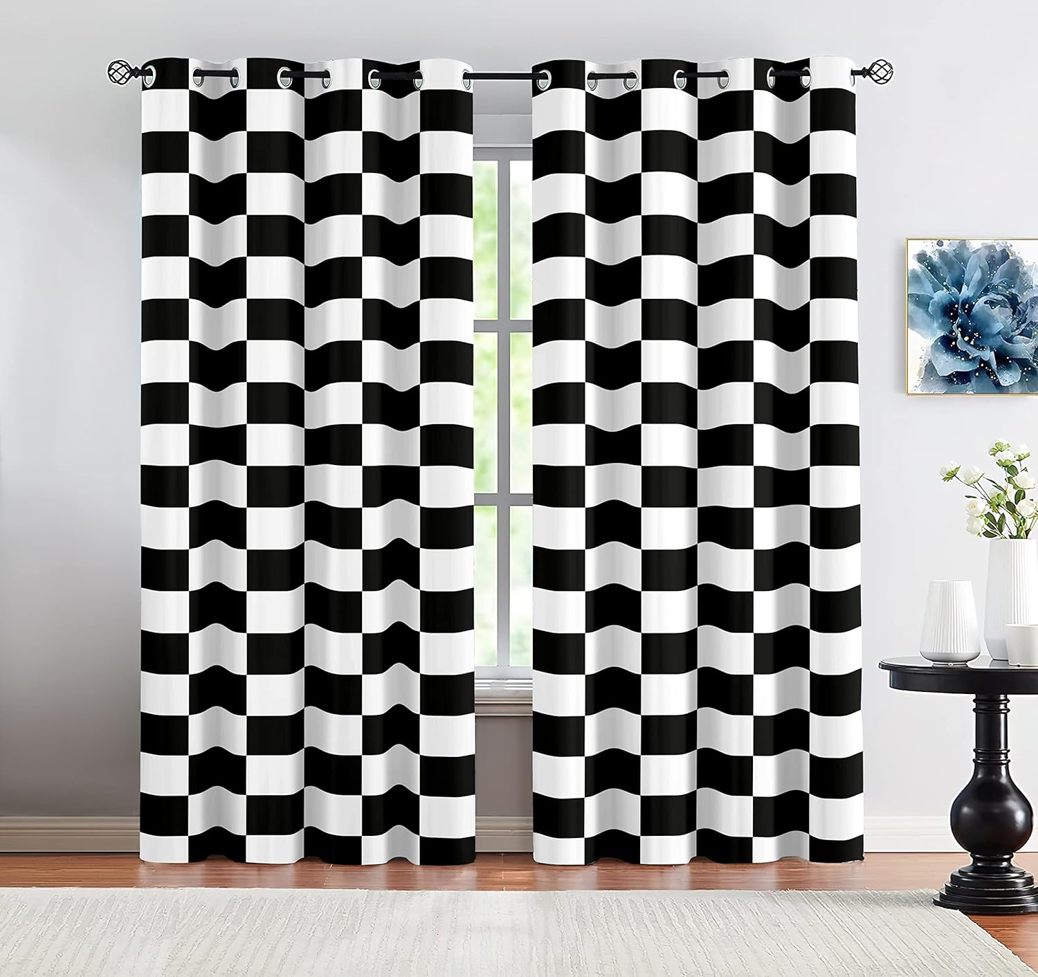 Black and White Window Drapes Curtain Checkered Flag Racing Race Car Line Rod Pocket Drapes Curtain for Living Room Home Decor 21x63 Inches 2 Panels
