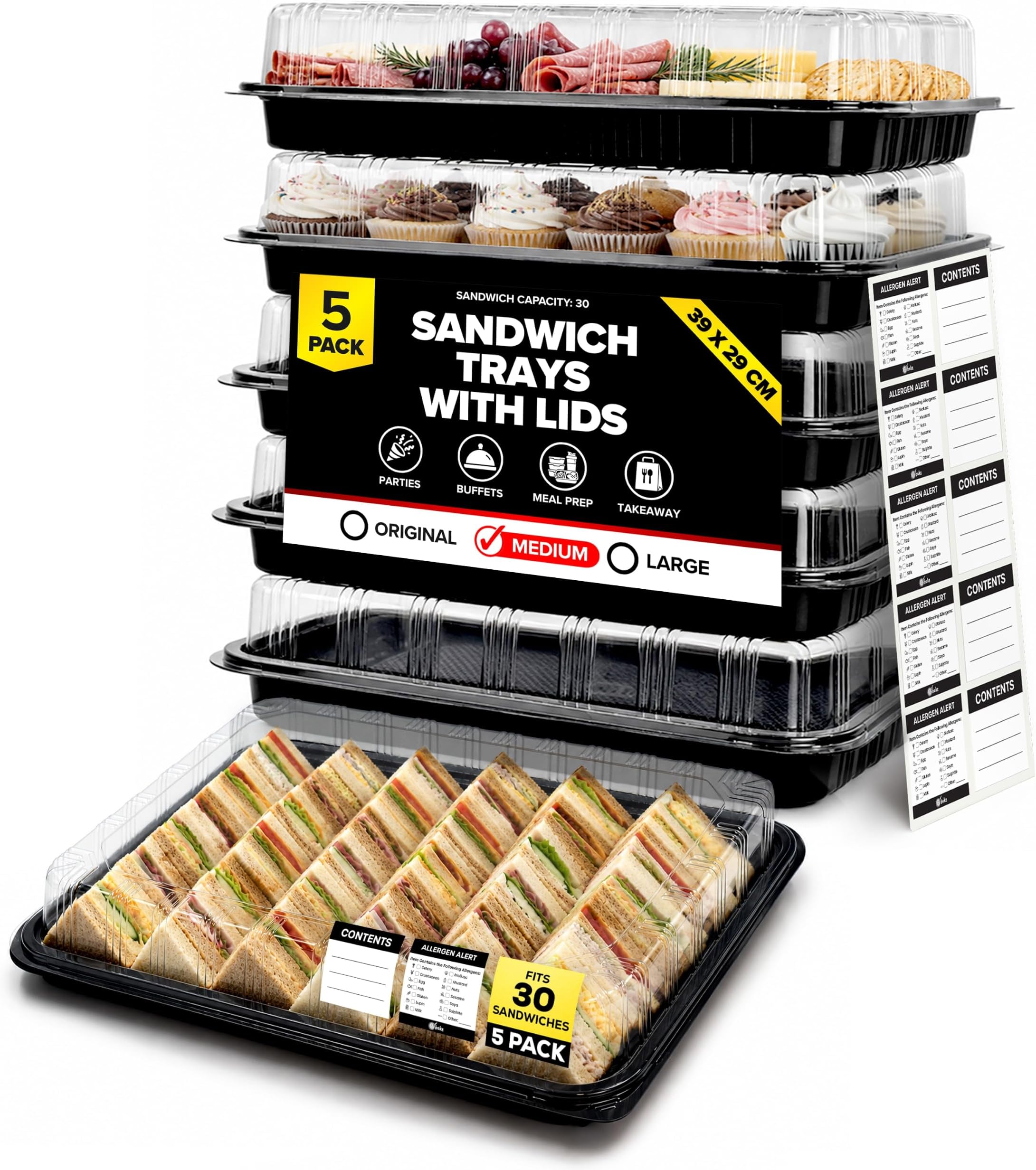 ebake 5 Pack Sandwich Platter Trays with Lids – Reusable Catering Food Trays for Parties, Buffets, Sushi, Sandwiches, Cake & Meal Prep (39cm x 29cm x 7.5cm)