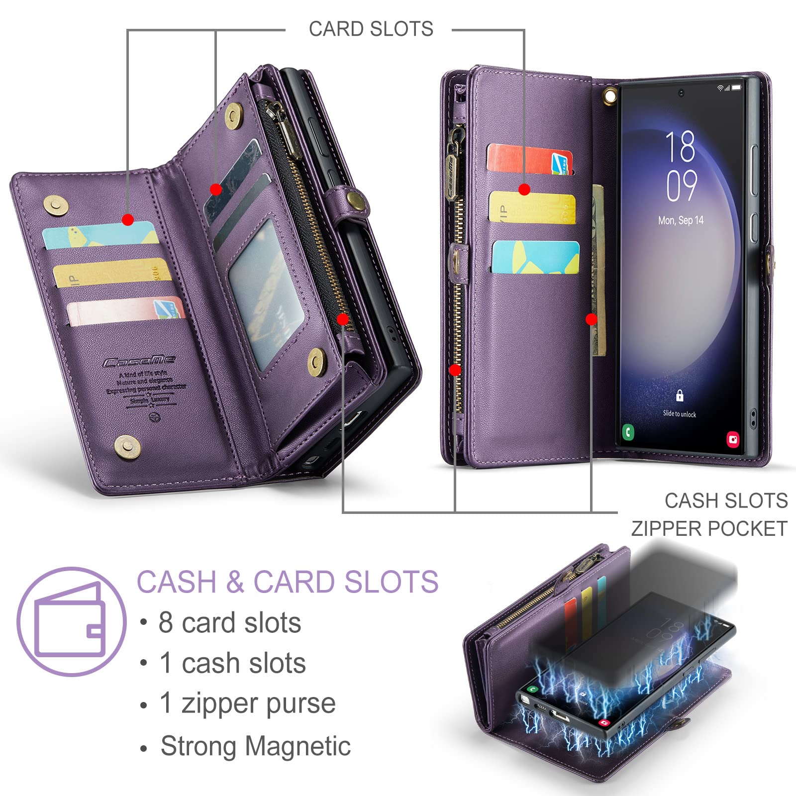 Samsung Galaxy S23 Ultra Wallet Case,Zipper Folio Leather Case Wallet with Card Holder Strap Wristlet Detachable Magnetic Protective Back Case for Samsung Galaxy S23 Ultra 5G 6.8 Inch (Purple)