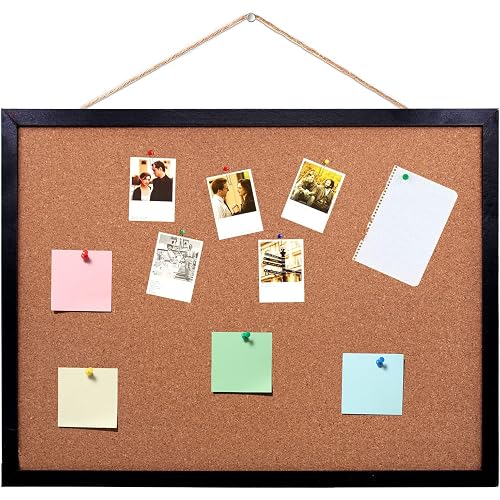 Black Cork Board Bulletin Board, 14.6"X 11" Cork Board, Oak Wood Finish Frame, Wall Mounted Cork Board for Office Home and School(Pins, Eye Bolts, gaskets, Screws)