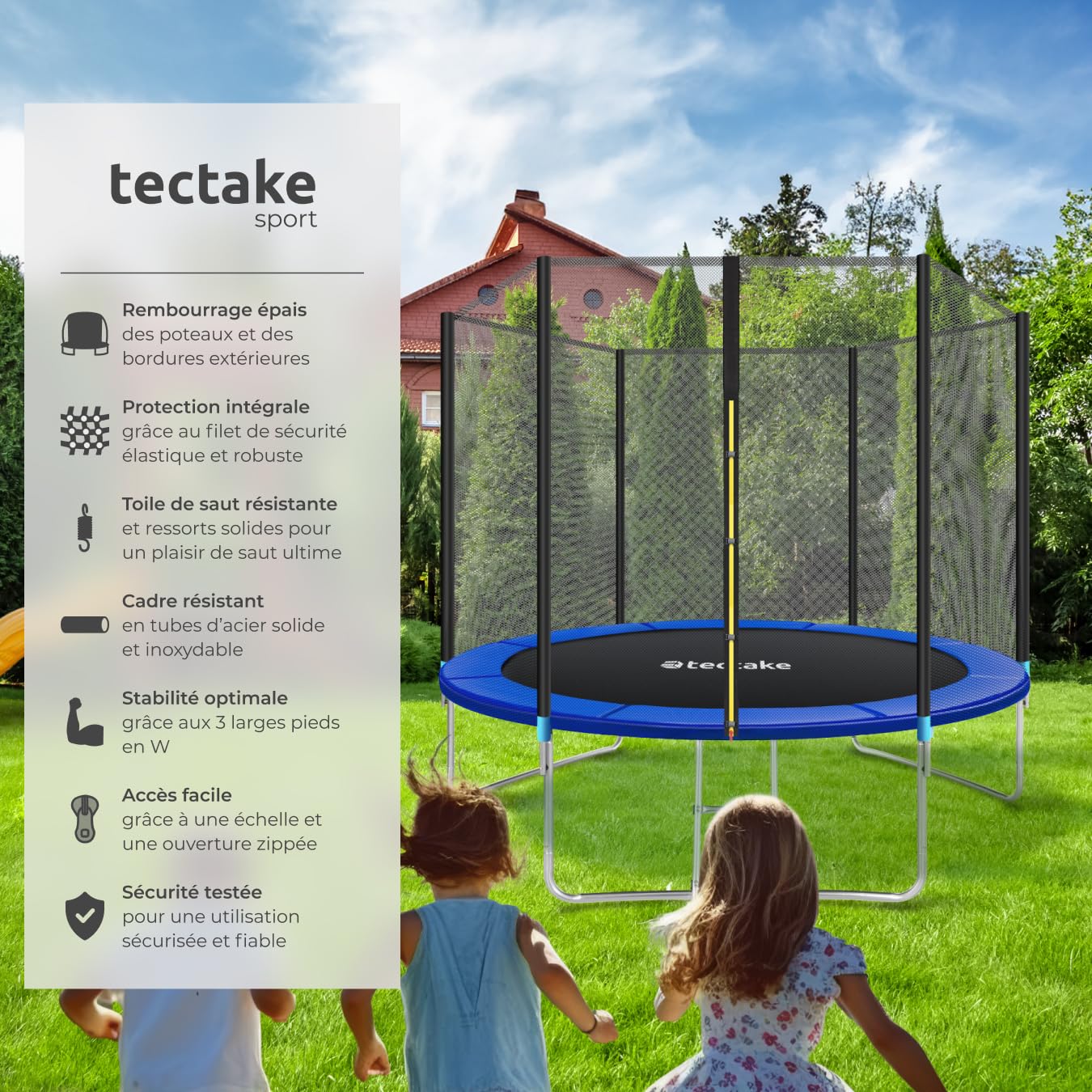 tectake® Trampoline, Trampoline de Jardin, Ø 244/305/366/396/427/457 cm, Certifié GS, Équipement de Fitness pour Entraînement d'endurance, Filet de sécurité pour Enfants, Échelle, Bordure rembourrée