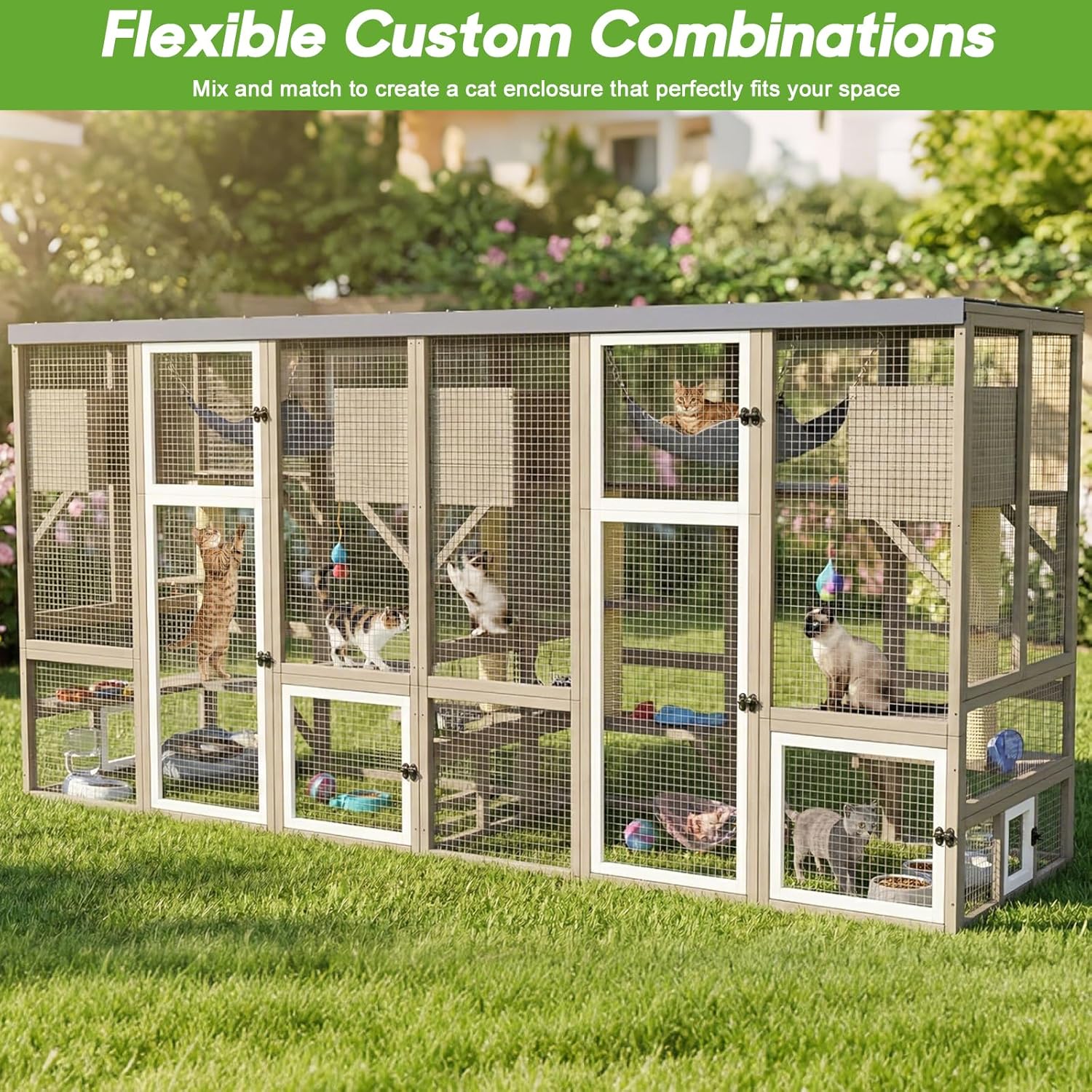 Large Catio Outdoor Cat Enclosure, Walk-in Cat Patio with 4 Levels, Cat Condo Hammock & Scratching Posts, Flat Roof Wooden Cat Run, Outdoor Cat House for Multiple Cats