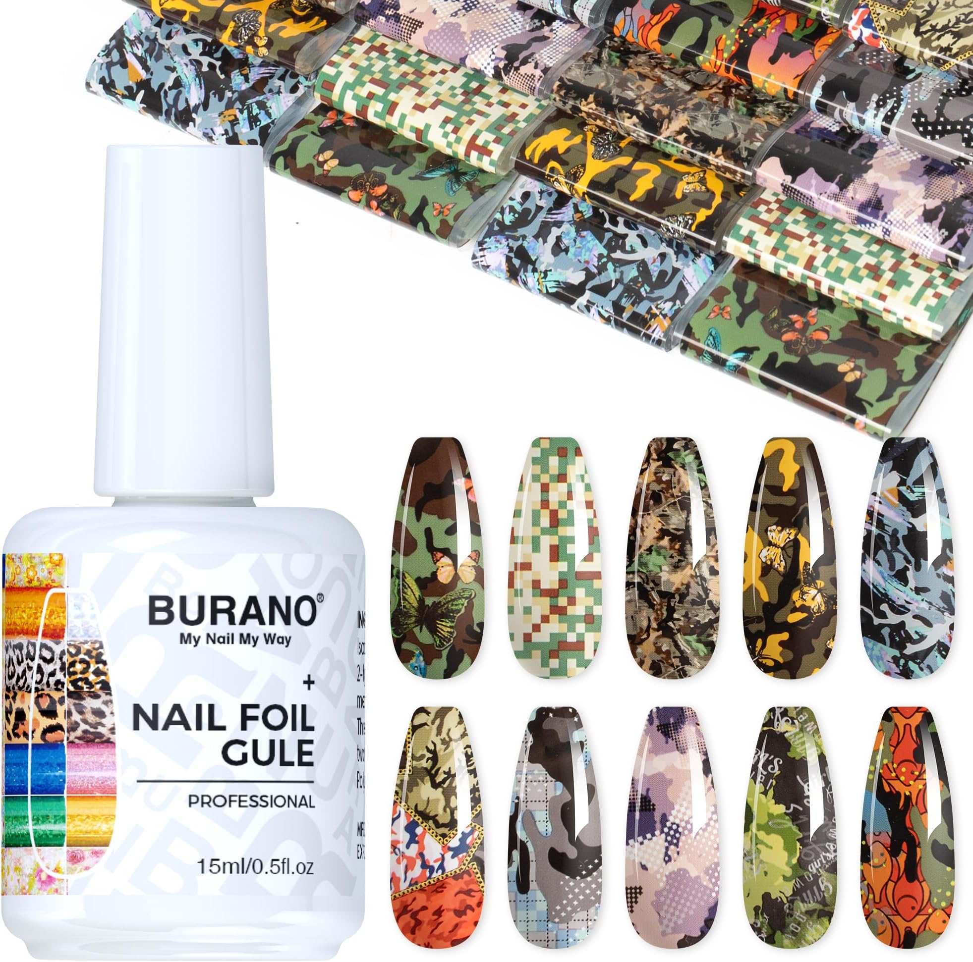 – BURANO Nail Art Nail Foil Glue Gel, 15 ML 1 Bottle Foil Transfer Gel with 10PCS Stickers, UV LED Lamp Required Nail Design Foils Glue for Nails 19