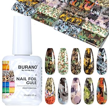 BURANO Nail Art Nail Foil Glue Gel, o.5 oz with 10PCS Foil Stickers Set Nail Foil Glue for Nails Foil Transfer Gel, Nail Design DIY UV LED Lamp Required Color 19
