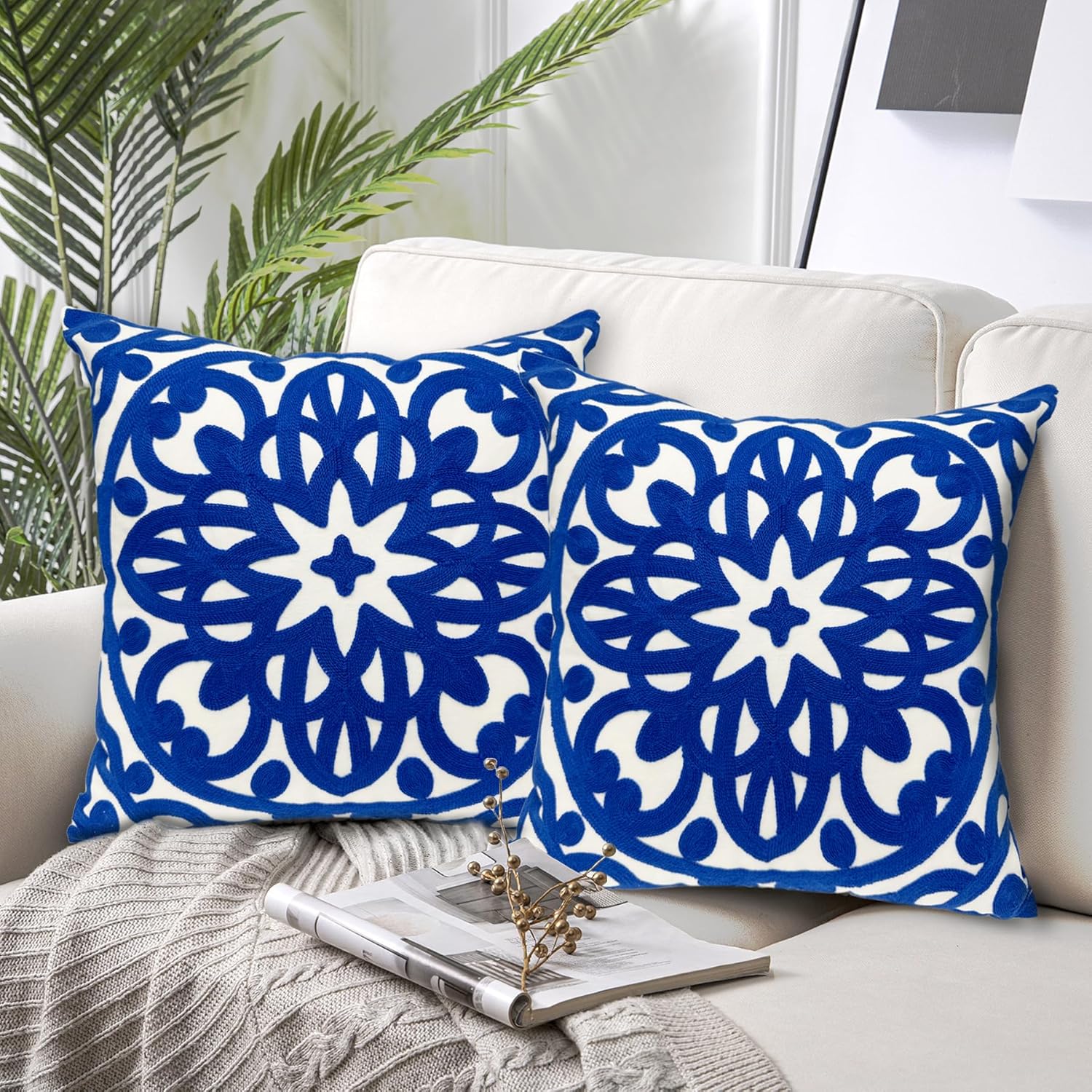 Alysheer Floral Embroidered Spring Decorative Throw Pillow Cover 18"x 18" Set of 2, Boho Mandala Embroidery Royal Blue Patterned Cushion Case for Sofa Couch Living Room Bedroom Outdoor