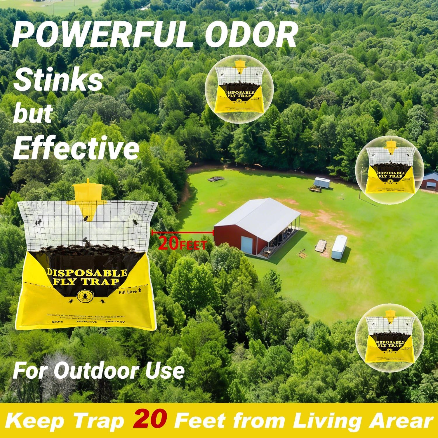 Glovv Fly Traps Outdoor Hanging with Fly Bait, 8 Pack Disposable Bags Hunter Ranch Trap, Pre-Baited Flies Bags Flies Control Bug Catcher Killer Repellent for Stable Horse Barn & Farm, All Filth Flies