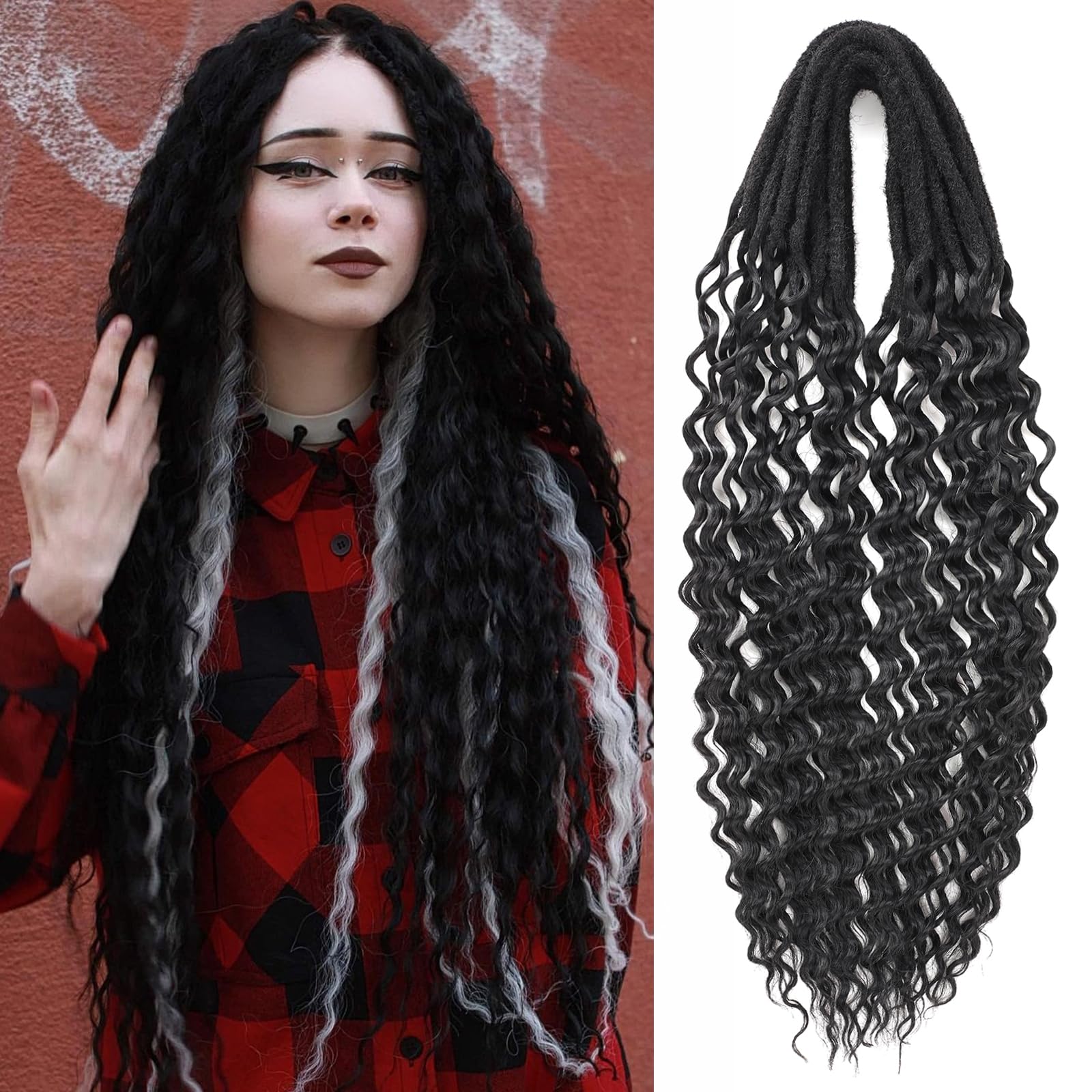 Leeven Synthetic Dreadlock Extensions 24 Inch Black Double Ended Wavy Dreads DE Curly Wool Dread Extensions Handmade Crochet Thin Hippie Dreads 10 Strands Braid in Soft Dreads for Women Men