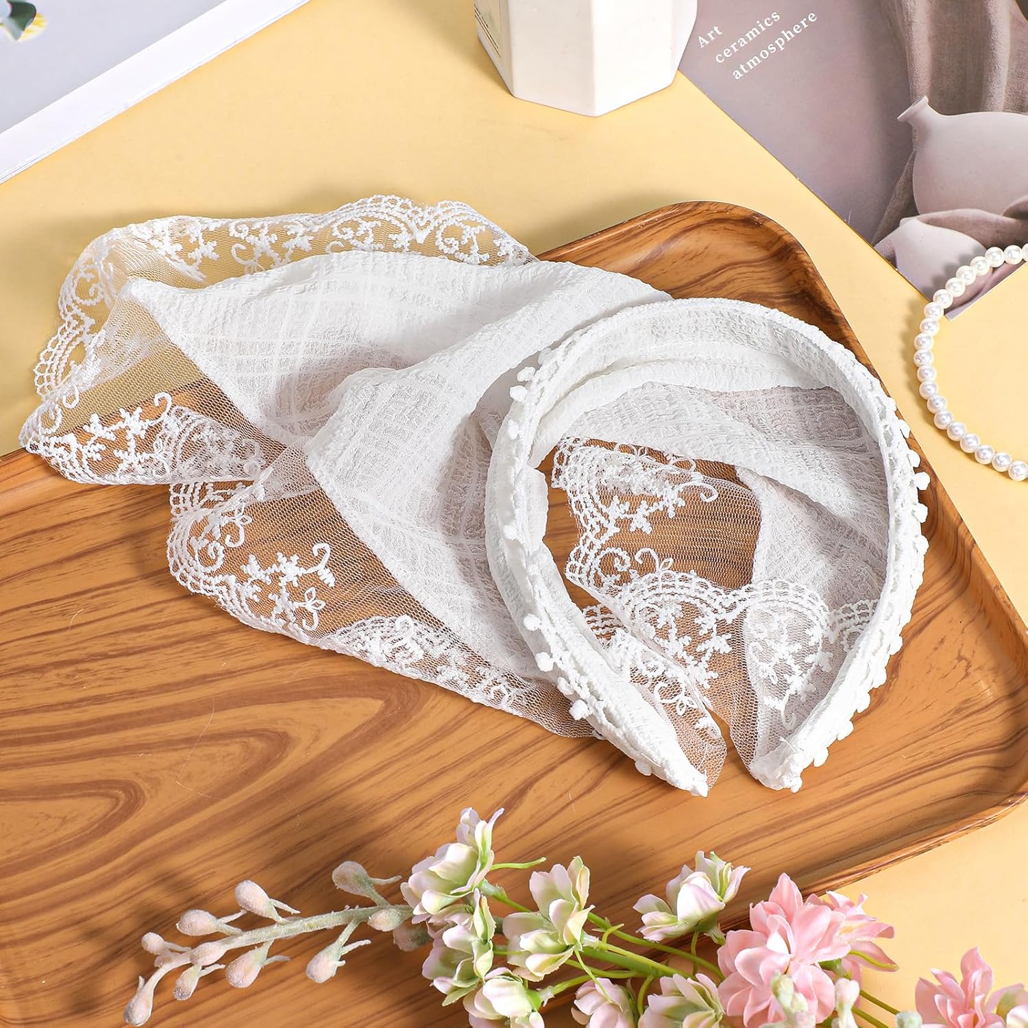 2 PACK Hair Scarf Headband for Women Soft Head Coverings Lace Head Kerchief Non-Slip Scarves Boho Triangle Bandana Turban for Hair Styling (Pink+White) - Image 7