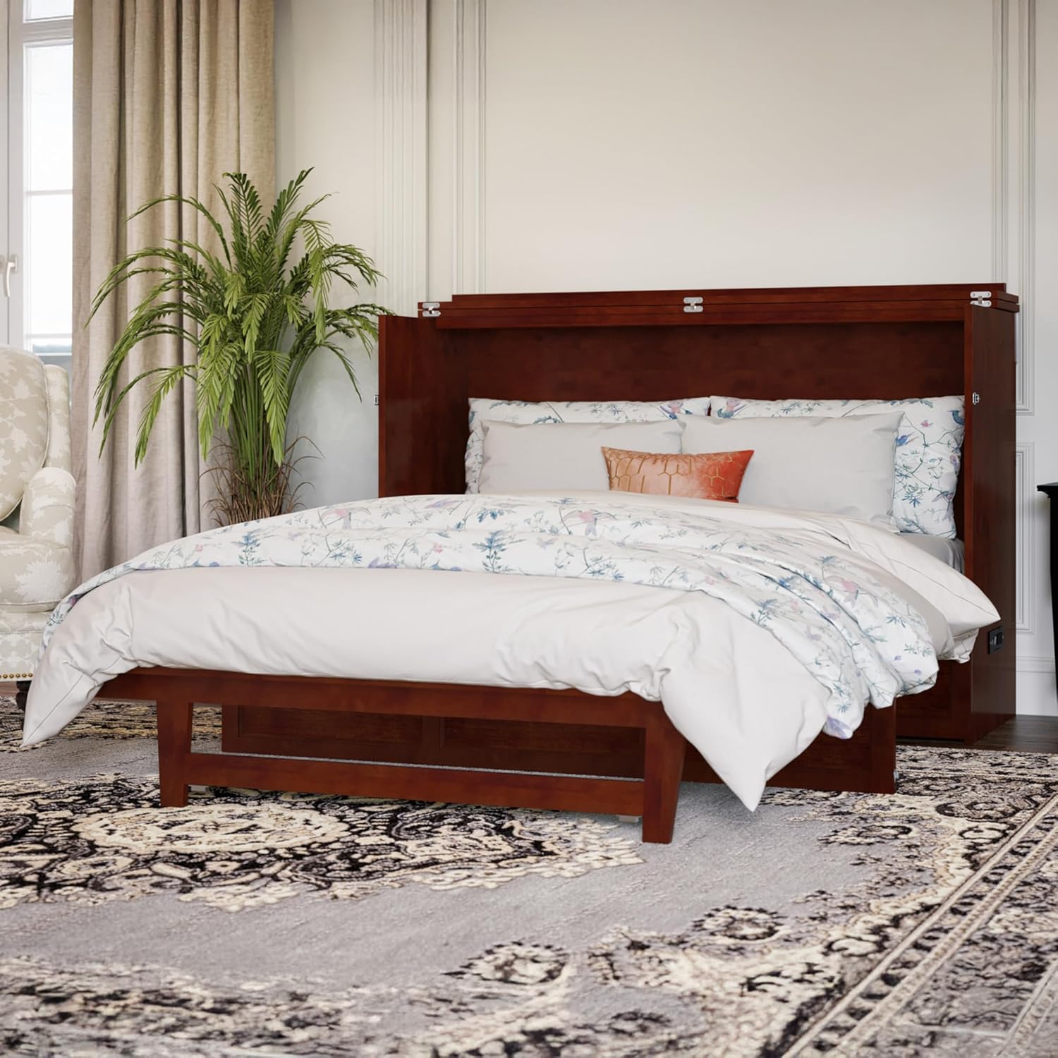 afi, northfield murphy bed chest queen with 6" mattress, storage drawer & built-in usb charger, walnut walnut queen (u.s. standard)