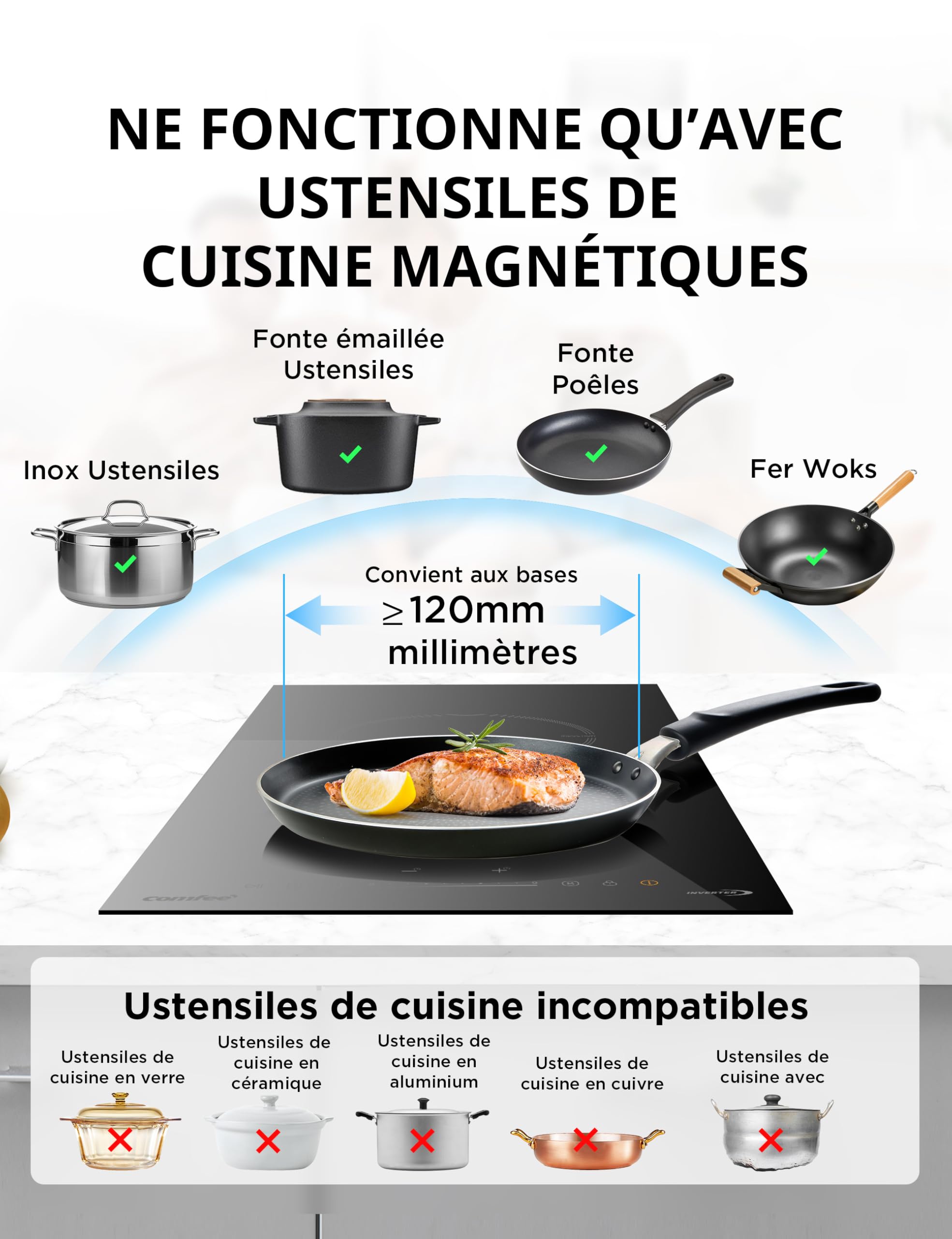 COMFEE' CIH351D257K0 Table de Cuisson à Induction Encastrable 2 Zones, 9 Niveaux de Puissance, Fonction Boost, Commande Tactile