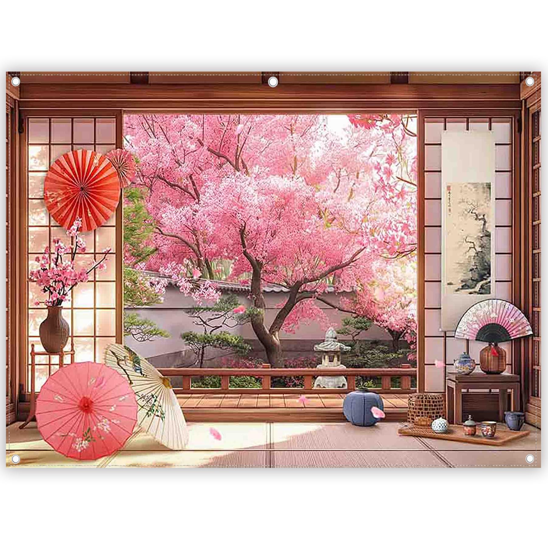 YCUCUEI 8x6ft Fabric Spring Cherry Blossoms Backdrop Japanese Sakura Garden Photography Background Room Courtyard Indoor Party Decorations Photo