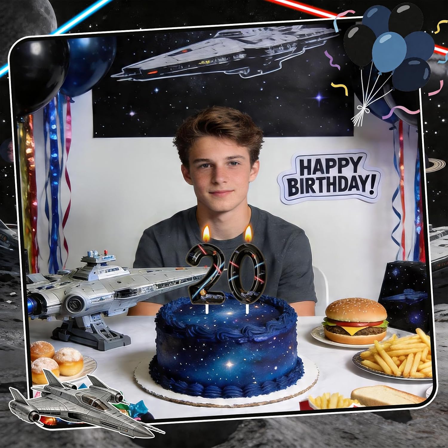 Space Birthday Candles, Space Themed Birthday Party Decorations, Birthday Number Candles for Cake Topper and Party Supplies, Options for Numbers 0–100 Available (Black, Number 7)