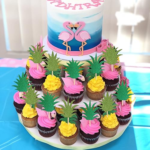 Miniatura 4 de 36 piezas de adornos para cupcakes de piña con purpurina verde mixta de dona y hojas de piña, selecciones hawaianas de Luau para tartas temáticas de