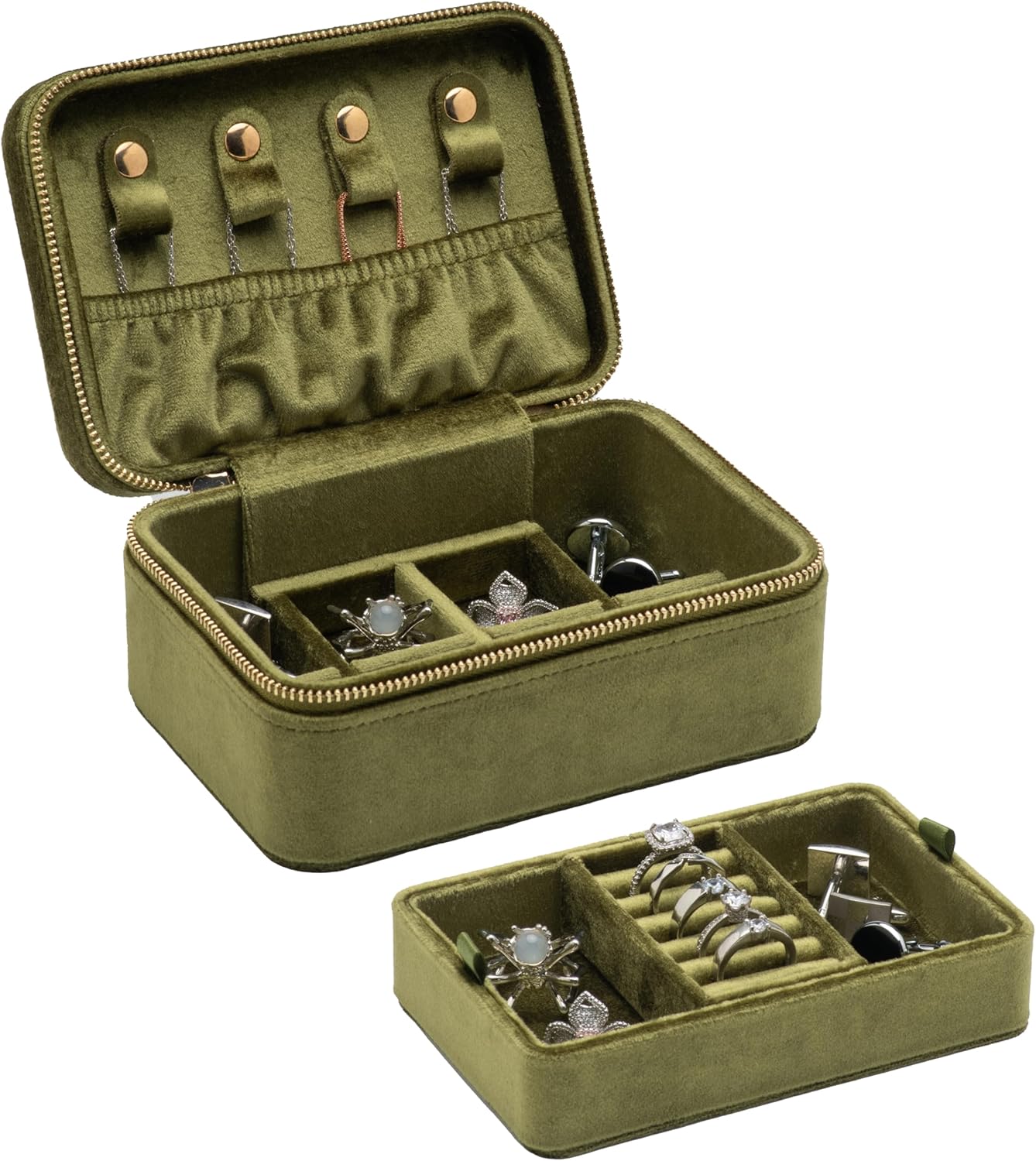 Velvet Travel Jewelry Organizer Box with Zipper Around Portable Accessory Display Tray Holder Storage Case for Multiple Earrings Rings Necklaces Bracelets (Olive Green)
