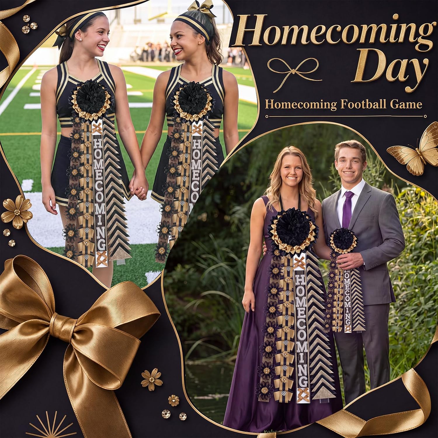 4 PCS Homecoming Mum Braid, 30 Inch, Black Gold