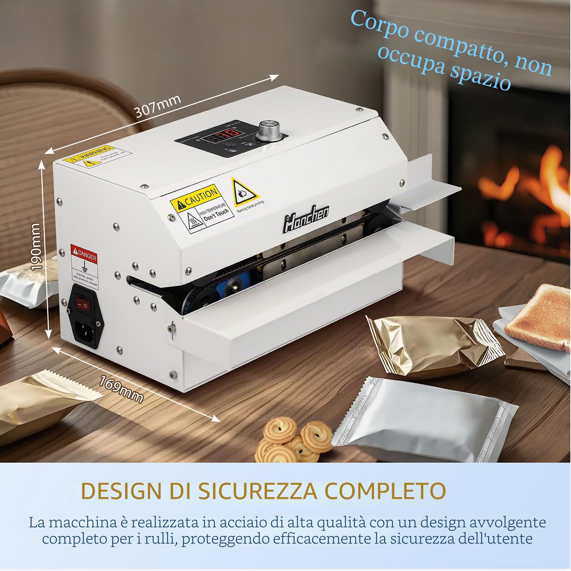 Hanchen Sigillatrice a caldo a rullo 3000 W, sigillamento continuo 6m/min, temperatura e velocità regolabile